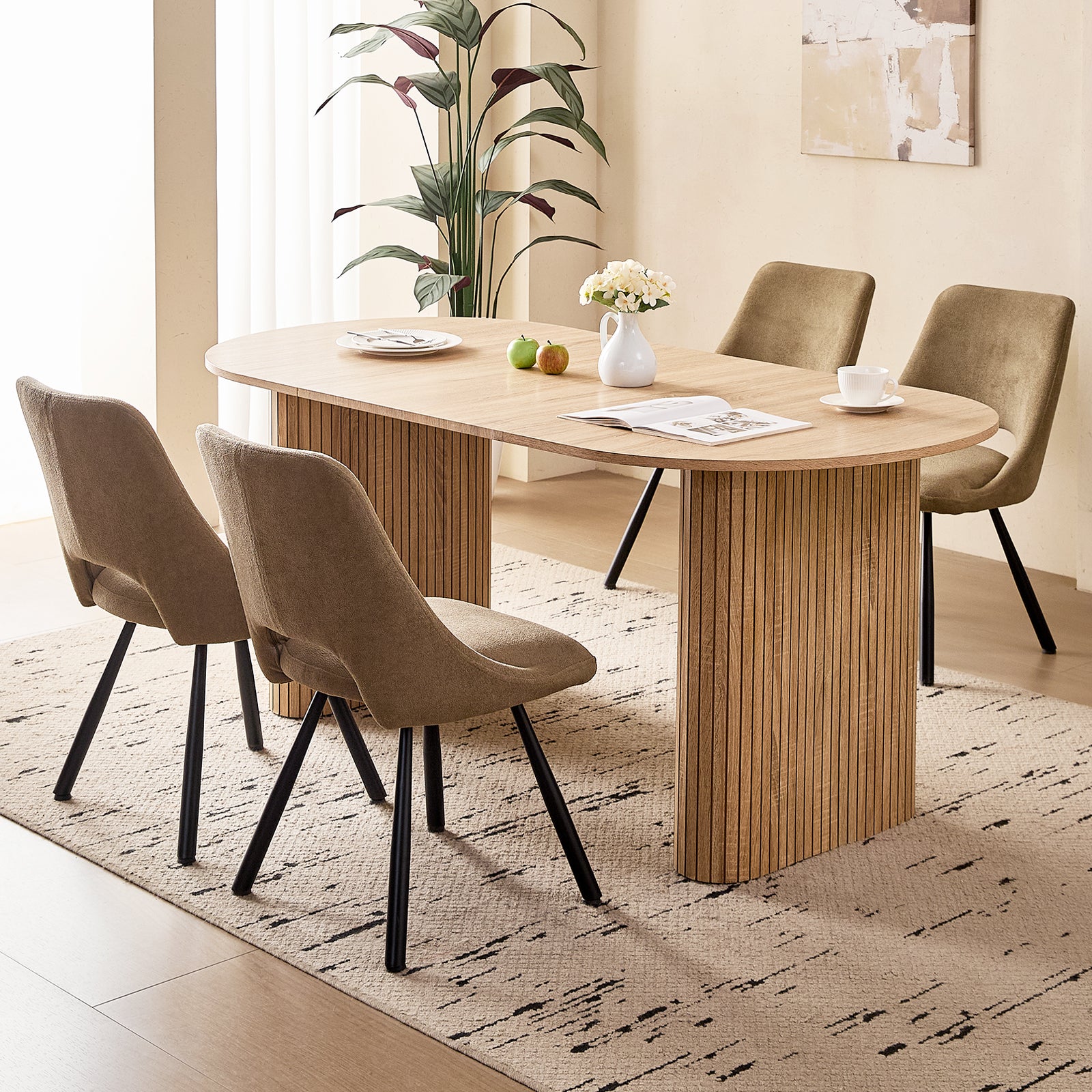 71" Natural Large Dining Table Set for 4 Modern Kitchen Table with Brown Boucle Upholstered Kitchen Chairs Set of 4