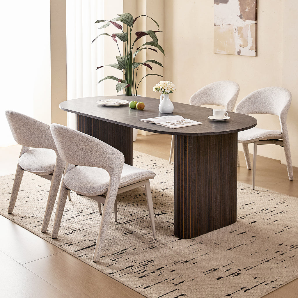 71" Black Large Dining Table Set for 4 Modern Kitchen Table with White Linen Upholstered Kitchen Chairs Set of 4