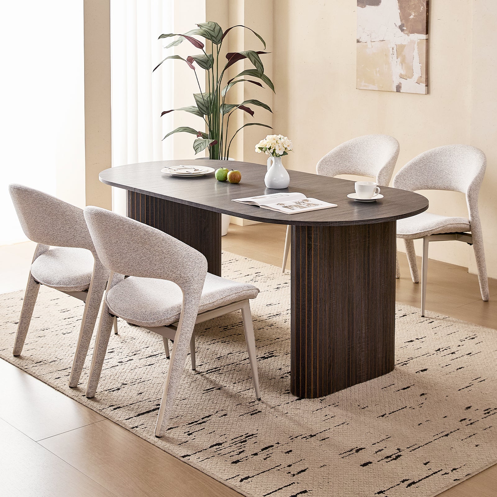 71" Black Large Dining Table Set for 4 Modern Kitchen Table with White Linen Upholstered Kitchen Chairs Set of 4