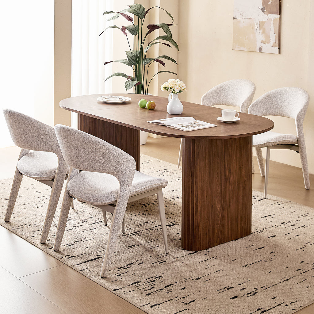 71" Brown Large Dining Table Set for 4 Modern Kitchen Table with White Linen Upholstered Kitchen Chairs Set of 4