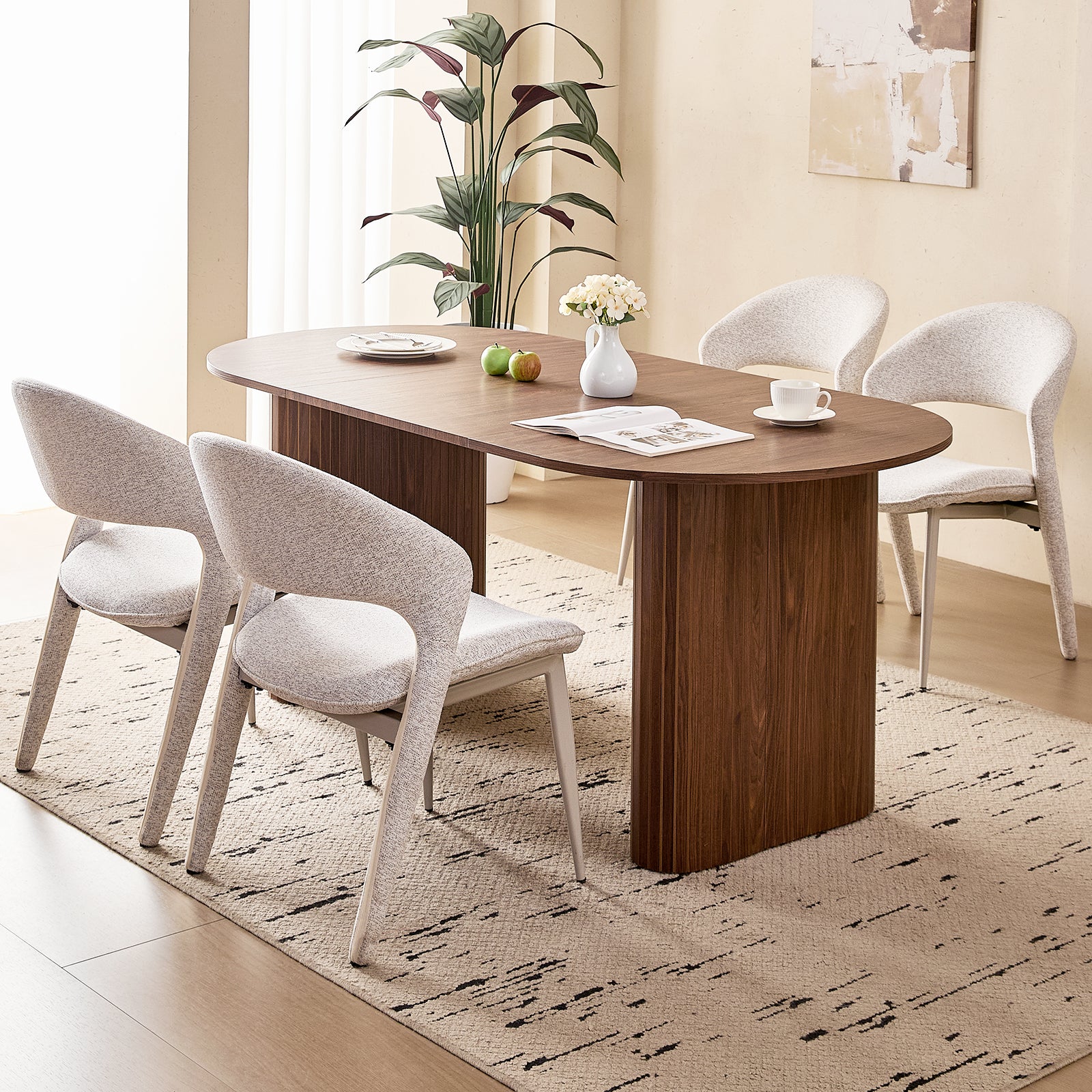 71" Brown Large Dining Table Set for 4 Modern Kitchen Table with White Linen Upholstered Kitchen Chairs Set of 4