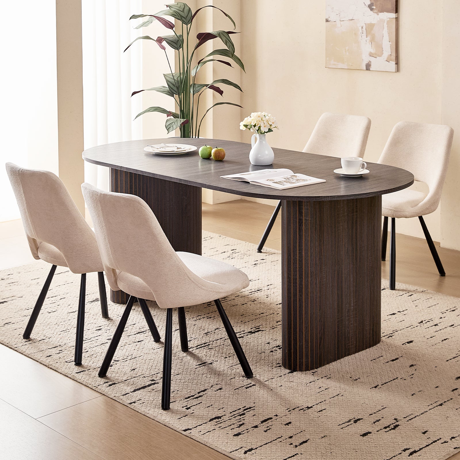 71" Black Large Dining Table Set for 4 Modern Kitchen Table with Beige Boucle Upholstered Kitchen Chairs Set of 4
