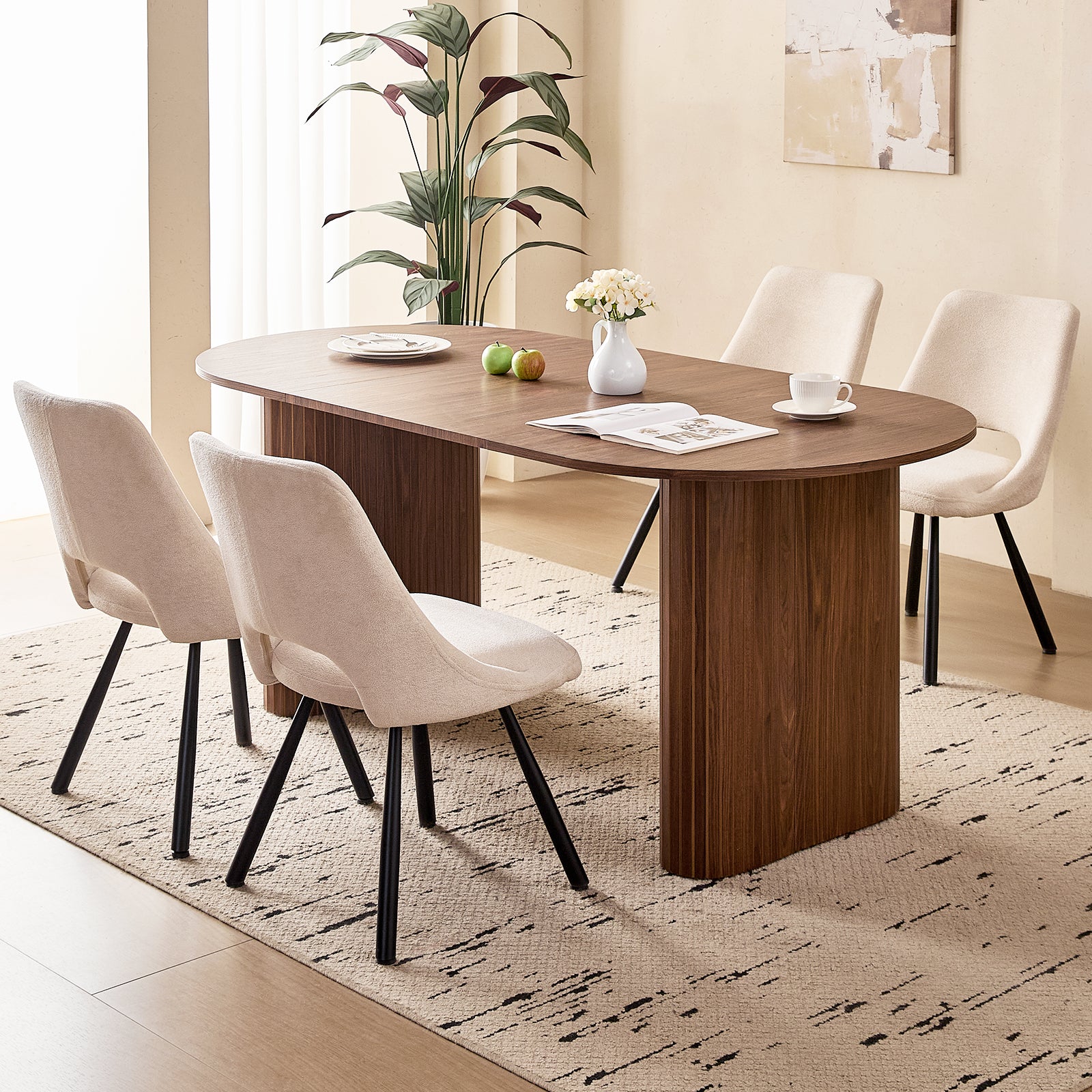 71" Brown Large Dining Table Set for 4 Modern Kitchen Table with Beige Boucle Upholstered Kitchen Chairs Set of 4