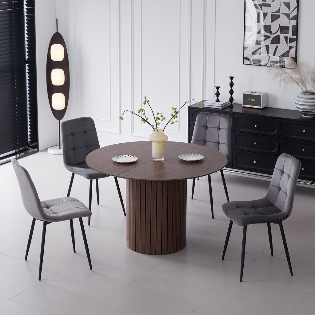 5 Piece Round Dining Table Set - Mid-Century 47 inch Brown Dining Table with 4 Gray Velvet Chairs Set, Dinner Table & Chair with Metal Legs for Kitchen Dining Room, Apartment, Bedroom