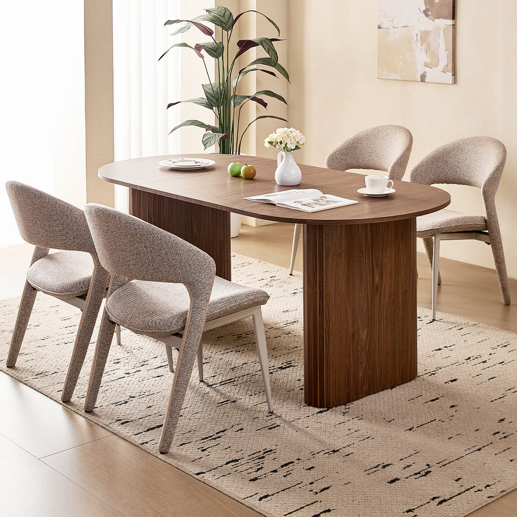 71" Brown Large Dining Table Set for 4 Modern Kitchen Table with Brown Linen Upholstered Kitchen Chairs Set of 4