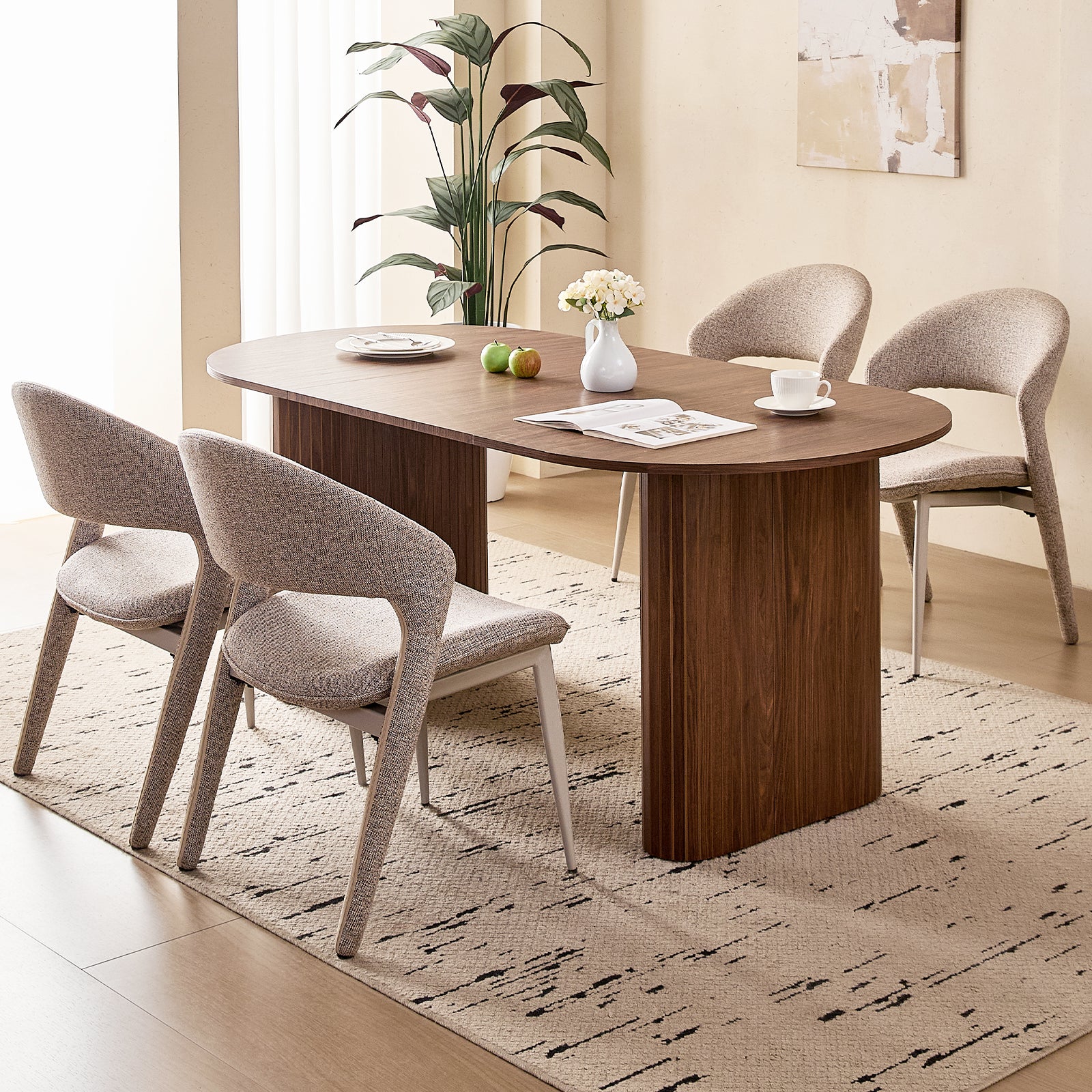 71" Brown Large Dining Table Set for 4 Modern Kitchen Table with Brown Linen Upholstered Kitchen Chairs Set of 4