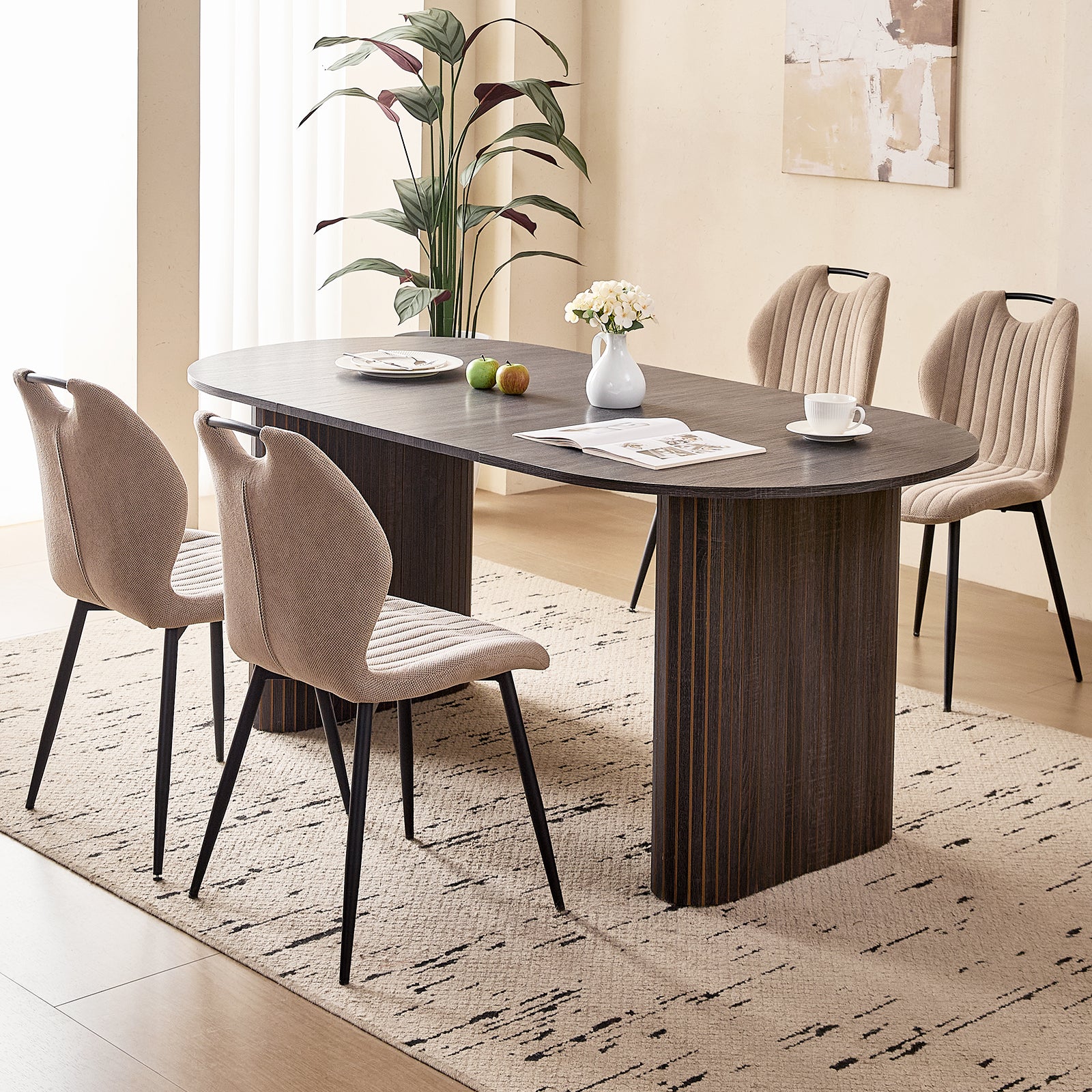 71" Large Dining Table Set for 4, Rounded Corners Farmhouse Modern Rectangle Wood Kitchen Table with Fabric Wingback Dining Chairs for Living Room Apartment Waiting Room