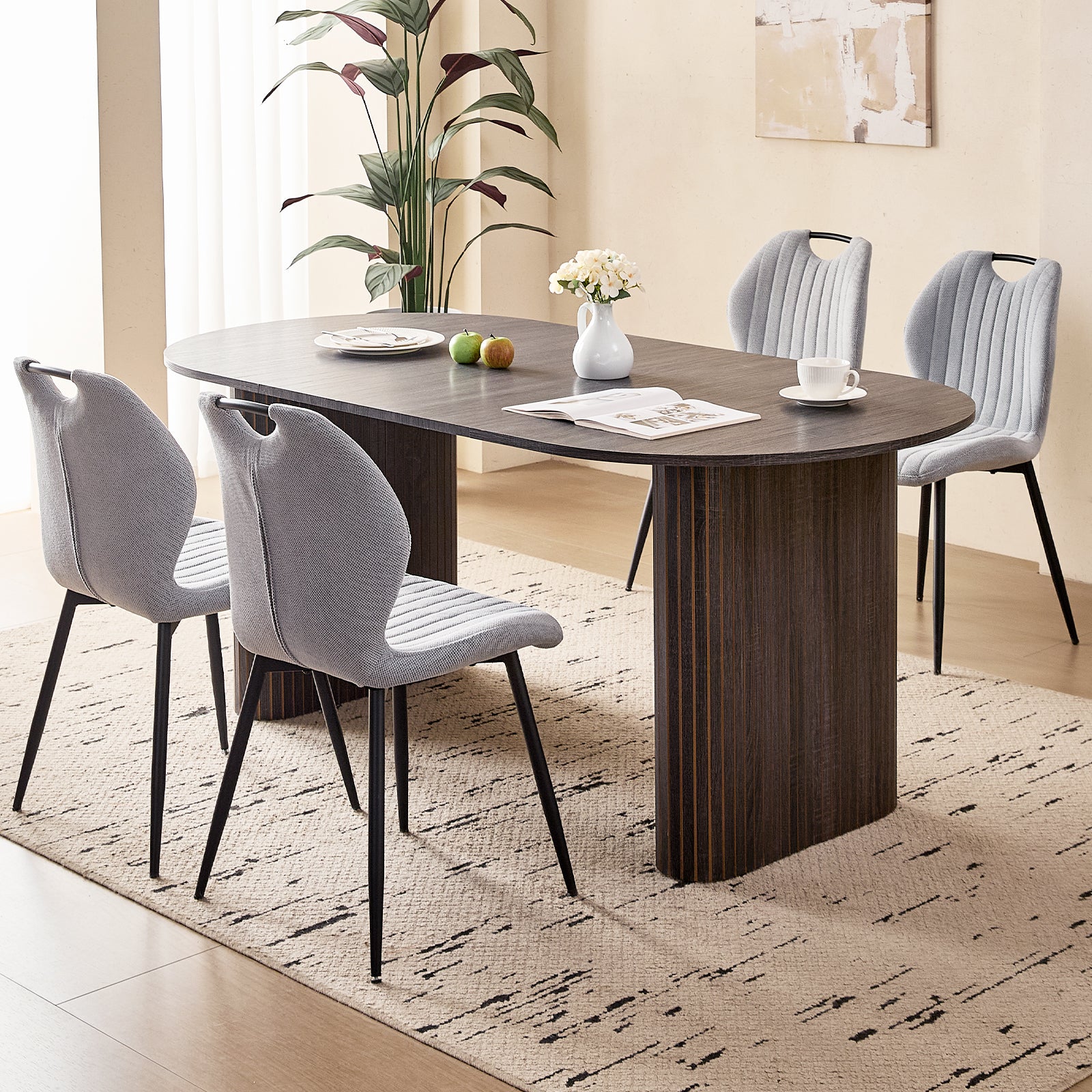 71" Large Dining Table Set for 4, Rounded Corners Farmhouse Modern Rectangle Wood Kitchen Table with Fabric Wingback Dining Chairs for Living Room Apartment Waiting Room