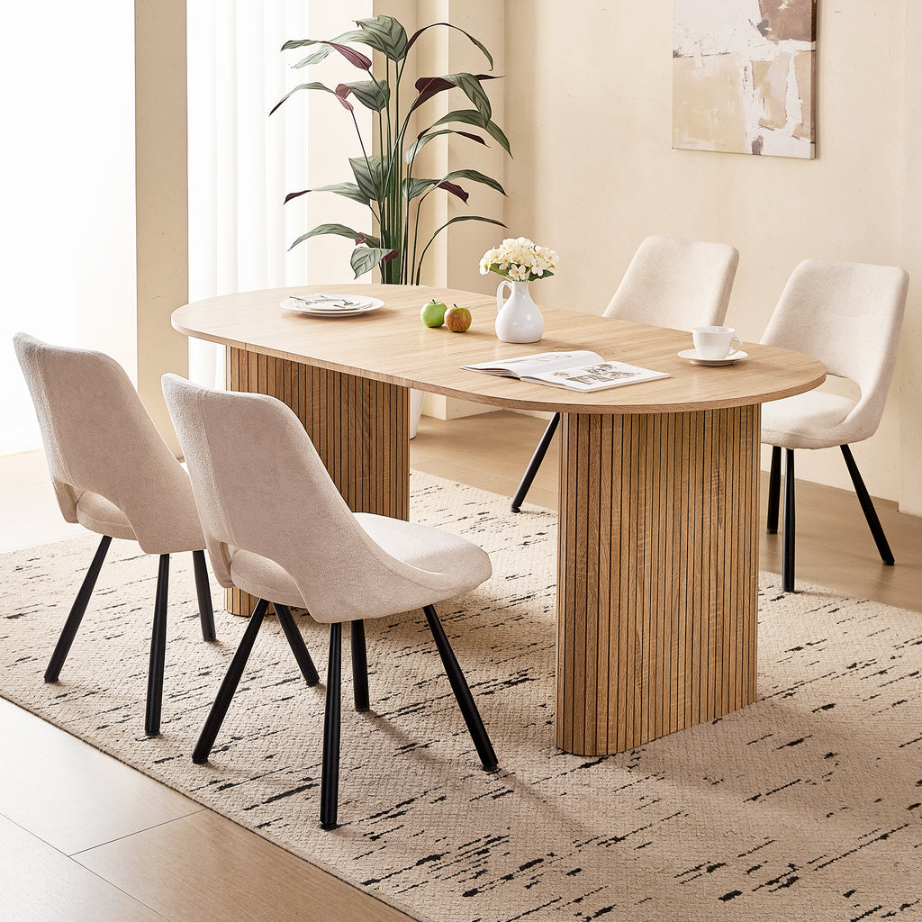 71" Natural Large Dining Table Set for 4 Modern Kitchen Table with Beige Boucle Upholstered Kitchen Chairs Set of 4