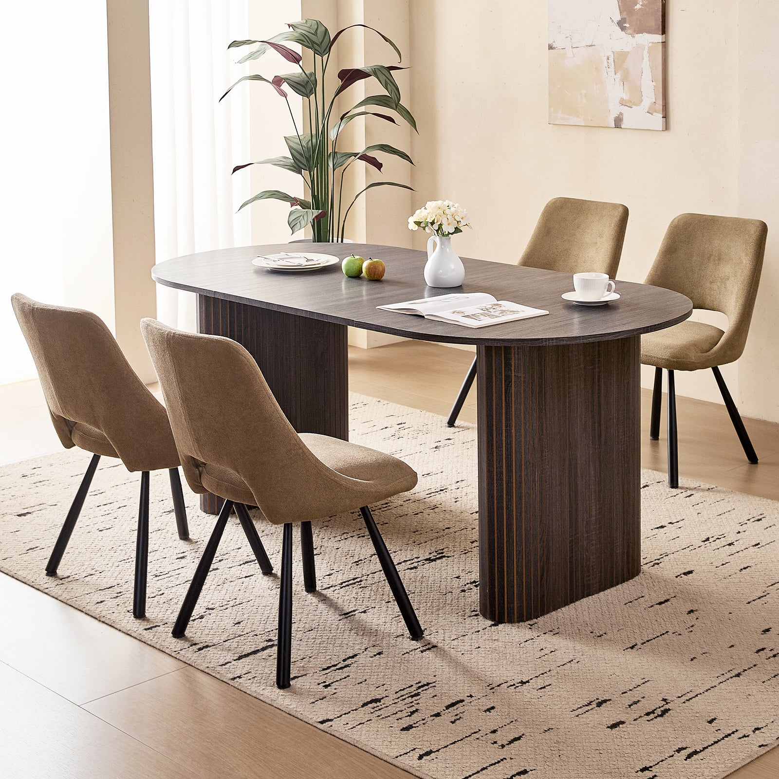 71" Black Large Dining Table Set for 4 Modern Kitchen Table with Brown Boucle Upholstered Kitchen Chairs Set of 4