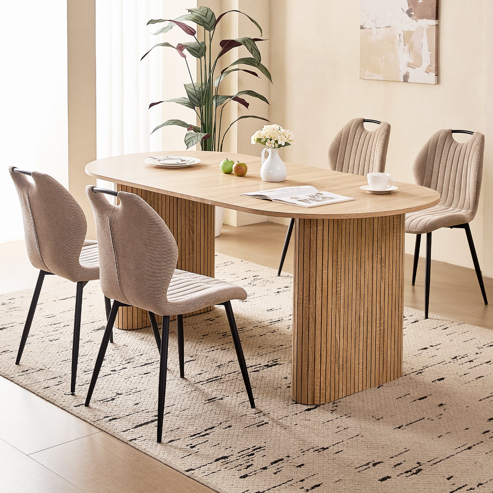 71" Large Dining Table Set for 4, Rounded Corners Farmhouse Modern Rectangle Wood Kitchen Table with Fabric Wingback Dining Chairs for Living Room Apartment Waiting Room