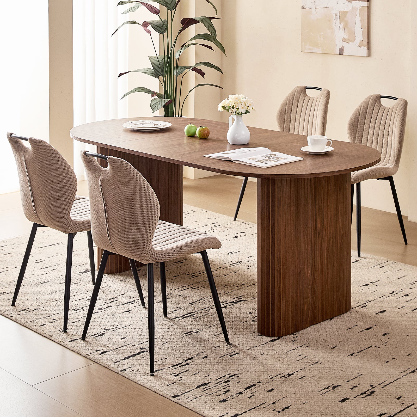 71" Large Dining Table Set for 4, Rounded Corners Farmhouse Modern Rectangle Wood Kitchen Table with Fabric Wingback Dining Chairs for Living Room Apartment Waiting Room