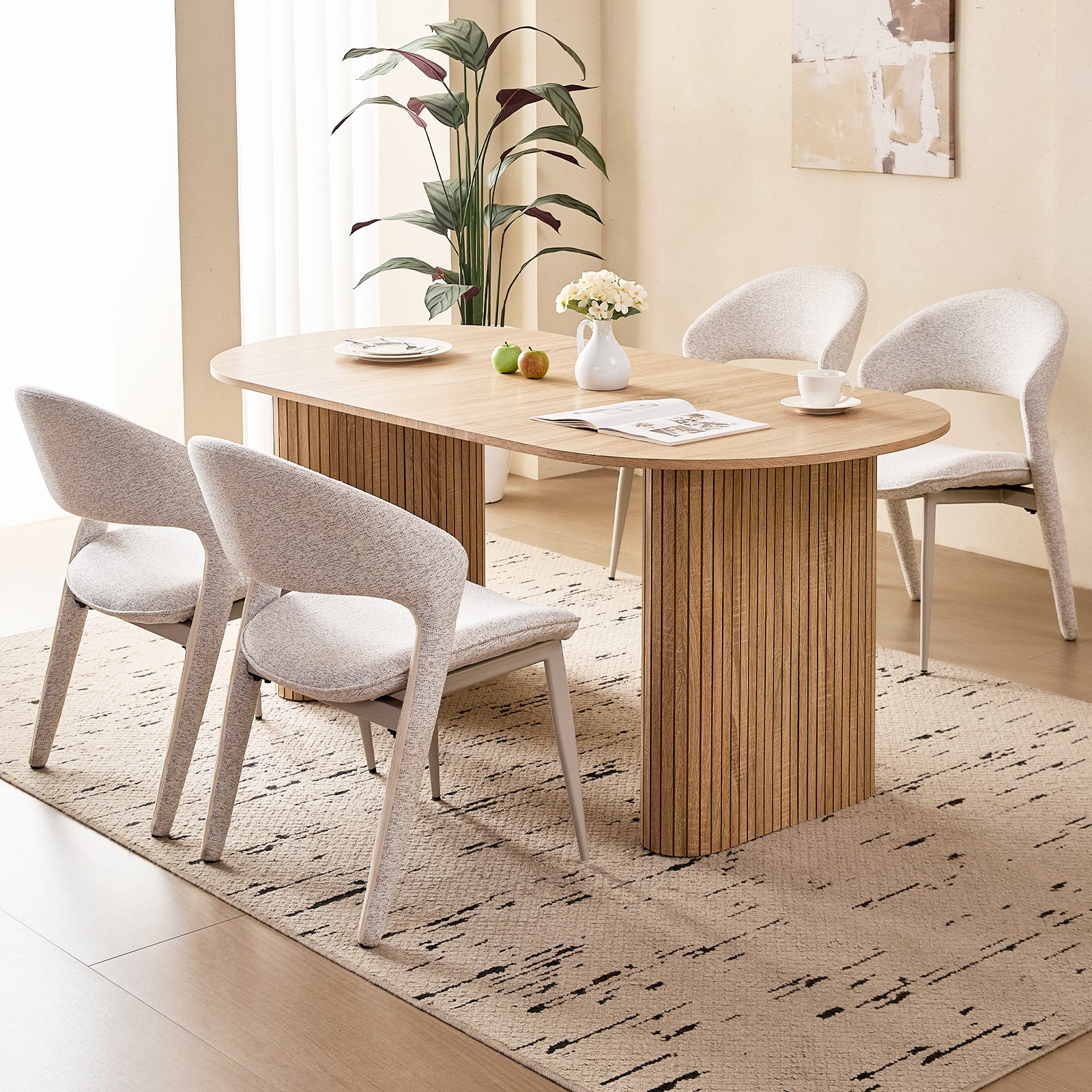71" Natural Large Dining Table Set for 4 Modern Kitchen Table with White Linen Upholstered Kitchen Chairs Set of 4