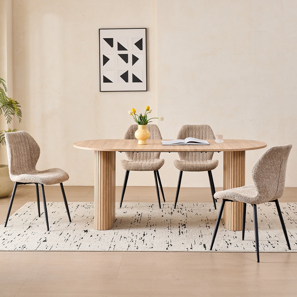 71" Large Dining Table Set for 4, Rounded Corners Farmhouse Modern Rectangle Wood Kitchen Table with Boucle Chairs Set of 4