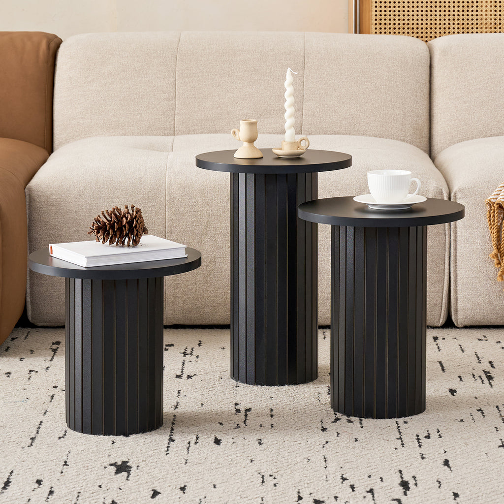 3-Piece Nesting Coffee Table Set, Modern Small Round Wood Side Tables, Fluted Drum Base, for Living Room Bedroom Apartment Small Space, Black