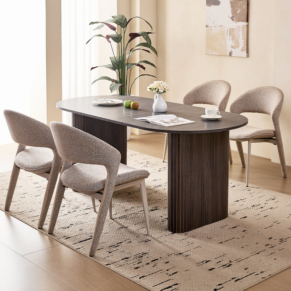 71" Black Large Dining Table Set for 4 Modern Kitchen Table with Brown Linen Upholstered Kitchen Chairs Set of 4