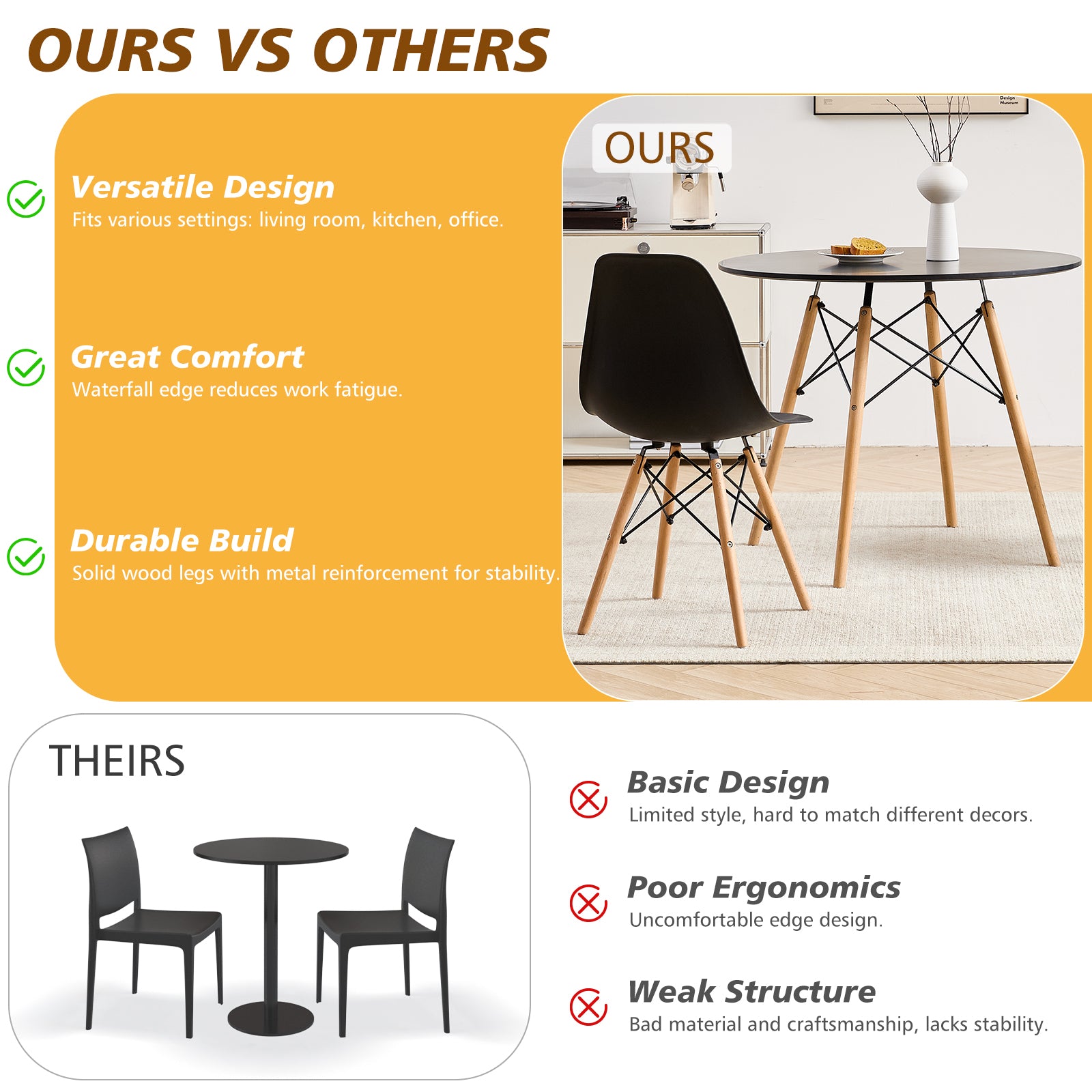 5 Piece 35.5'' Round Dining Table Set for 4, Kitchen Table & Chairs Set of 4, Mid-Century Modern Table W/ 4 Chairs for Home, Living Room, Apartment, Wood Legs, Metal Frame, Black