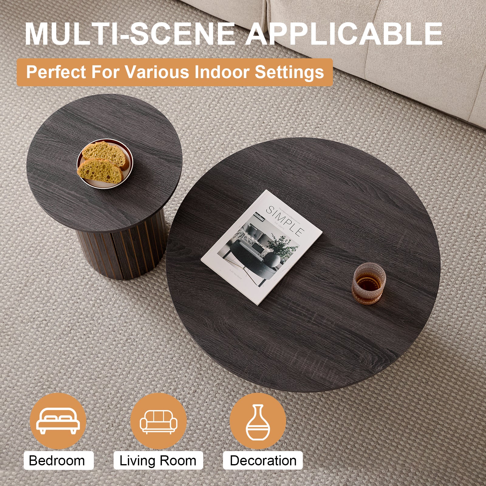 Round Nesting Coffee Tables Set of 2, Boho Wood Circle Side Table with Fluted Drum Design, Farmhouse End Table for Living Room Bedroom Apartment, Black