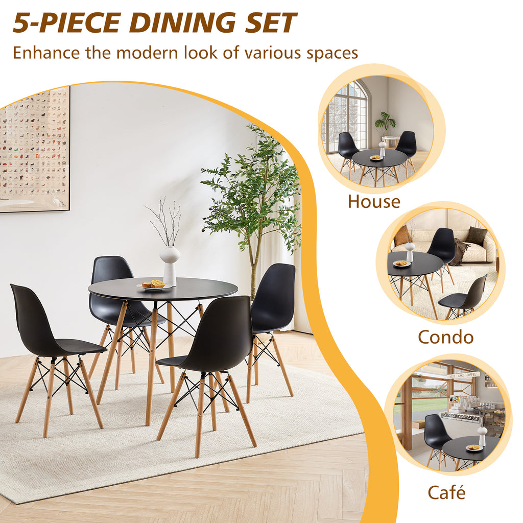 5 Piece 35.5'' Round Dining Table Set for 4, Kitchen Table & Chairs Set of 4, Mid-Century Modern Table W/ 4 Chairs for Home, Living Room, Apartment, Wood Legs, Metal Frame, Black