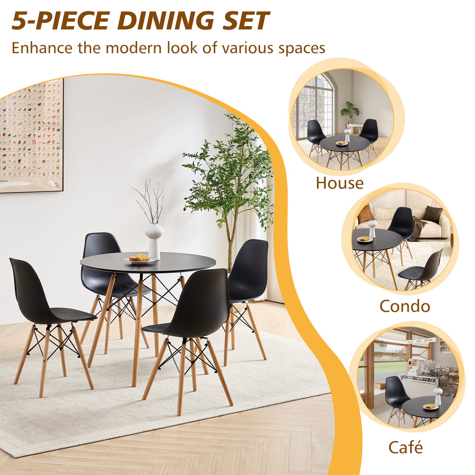 5 Piece 35.5'' Round Dining Table Set for 4, Kitchen Table & Chairs Set of 4, Mid-Century Modern Table W/ 4 Chairs for Home, Living Room, Apartment, Wood Legs, Metal Frame, Black