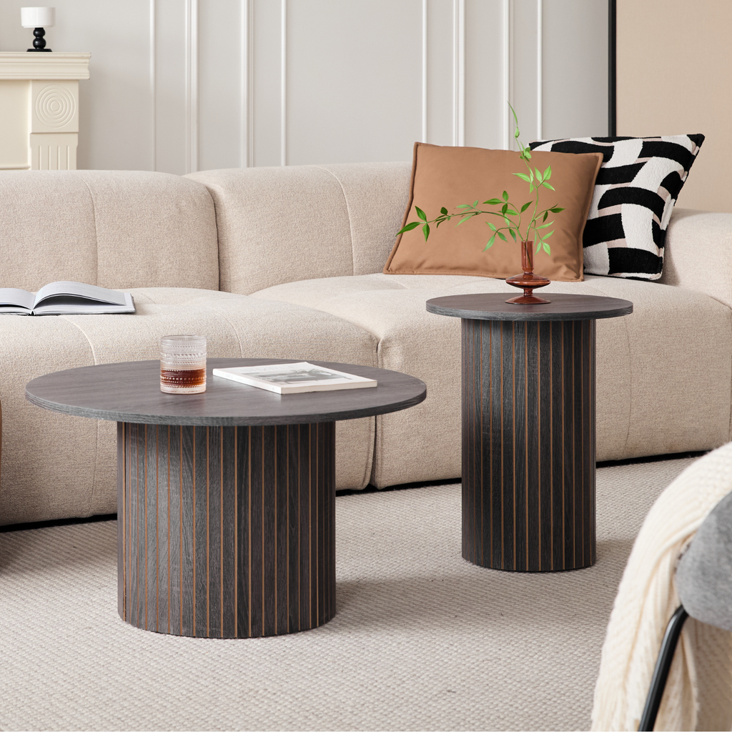 Round Nesting Coffee Tables Set of 2, Boho Wood Circle Side Table with Fluted Drum Design, Farmhouse End Table for Living Room Bedroom Apartment, Black
