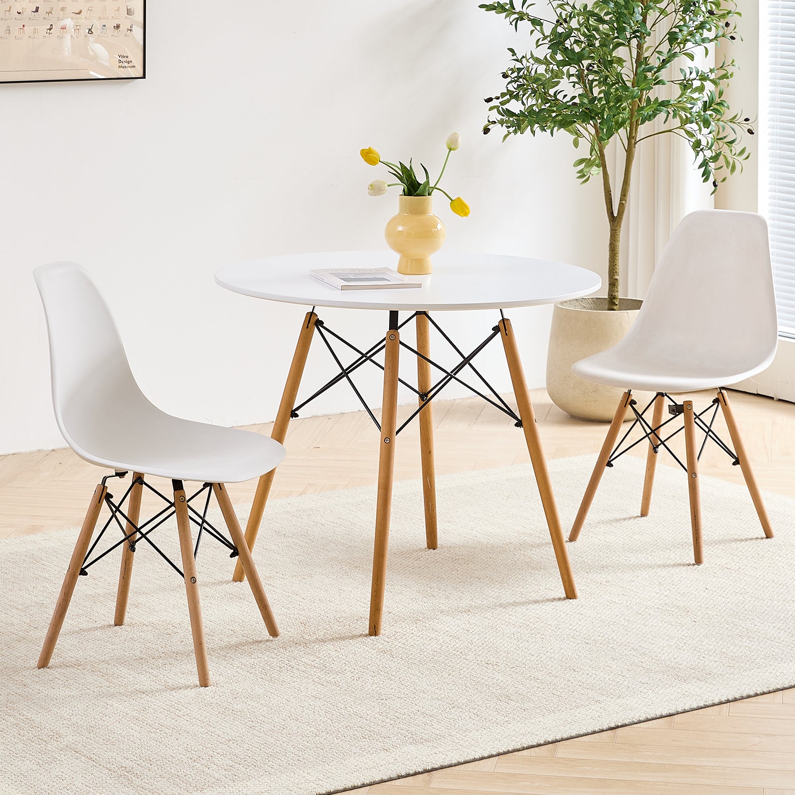 5 Piece Round Dining Table Set for 4, Mid-Century Modern Kitchen Table with 4 Chairs for Home, Apartment, Plastic Seats, Space Saving, Wood Legs