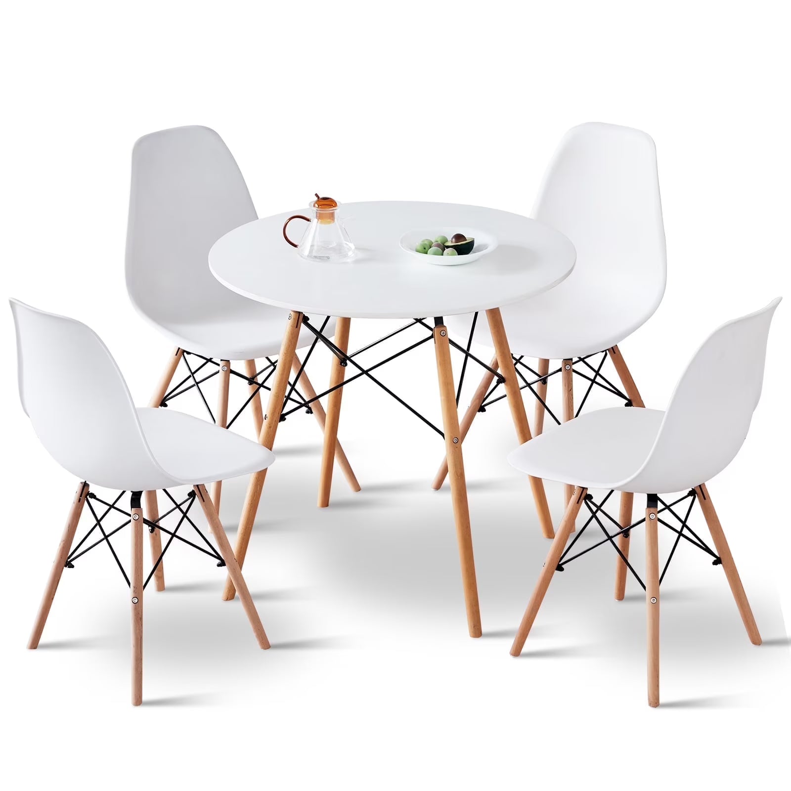 5 Piece Round Dining Table Set for 4, Mid-Century Modern Kitchen Table with 4 Chairs for Home, Apartment, Plastic Seats, Space Saving, Wood Legs