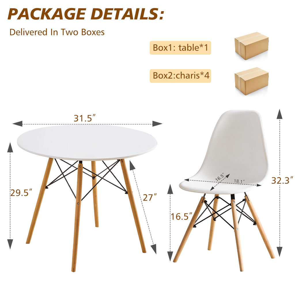 5 Piece Round Dining Table Set for 4, Mid-Century Modern Kitchen Table with 4 Chairs for Home, Apartment, Plastic Seats, Space Saving, Wood Legs