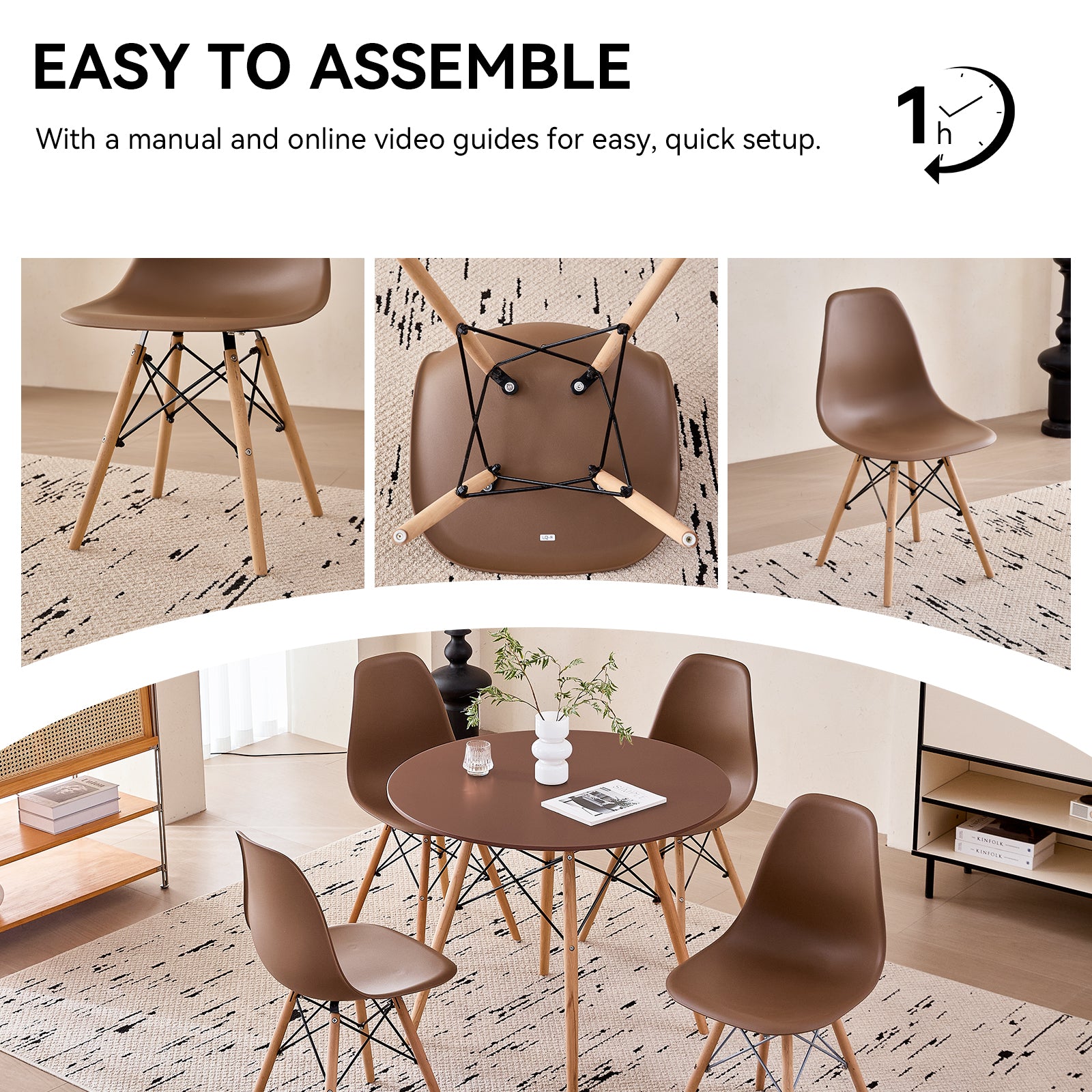 5 Piece 35.5'' Round Dining Table Set for 4, Kitchen Table & Chairs Set of 4, Mid-Century Modern Table W/ 4 Chairs for Home, Living Room, Apartment, Wood Legs, Metal Frame, Brown