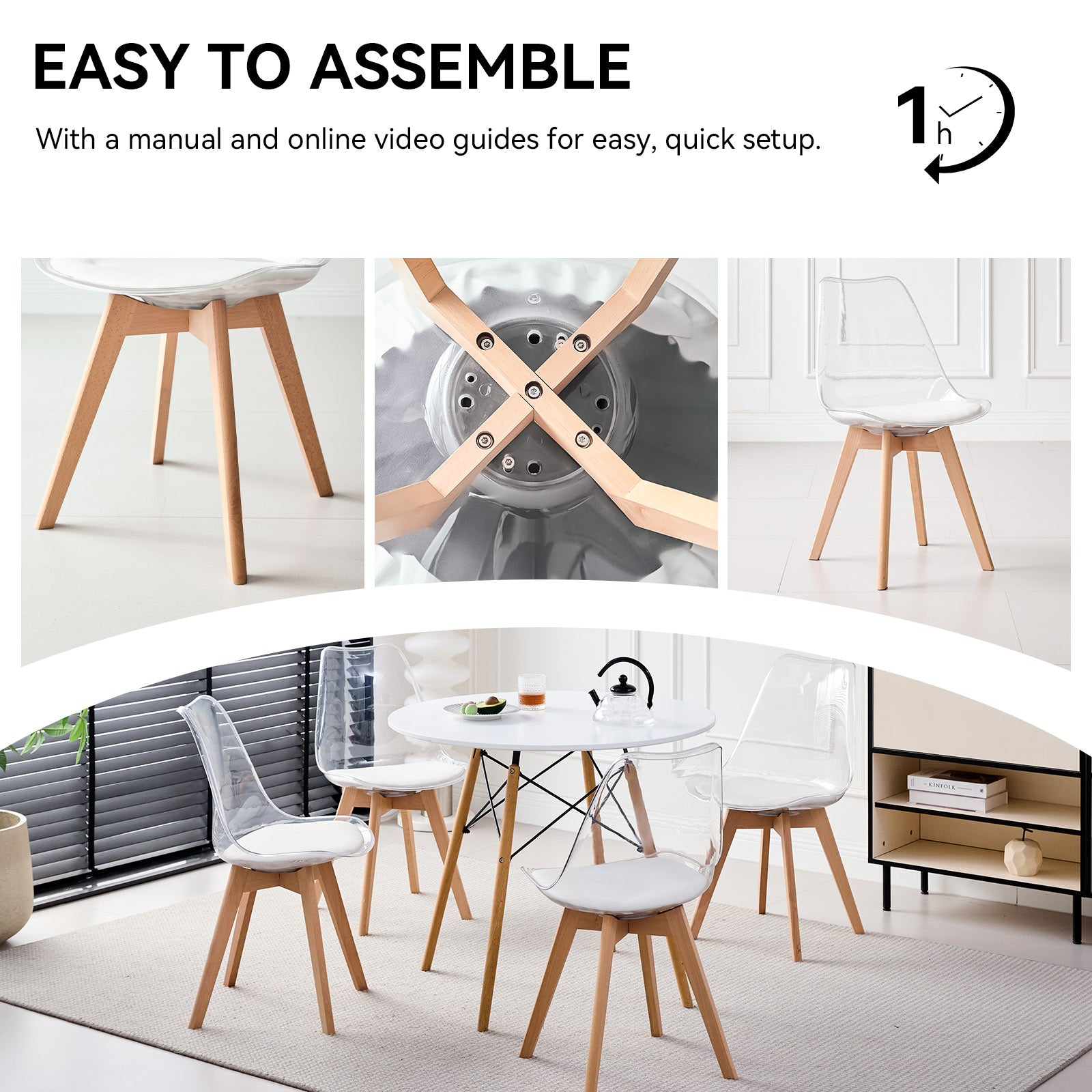 5 Piece Round Dining Table Set for 4, 35.5" Kitchen Table with 4 Clear Acrylic Chairs for Restaurant Bedroom Living Room, Space Saving White Table Chair Set of 4