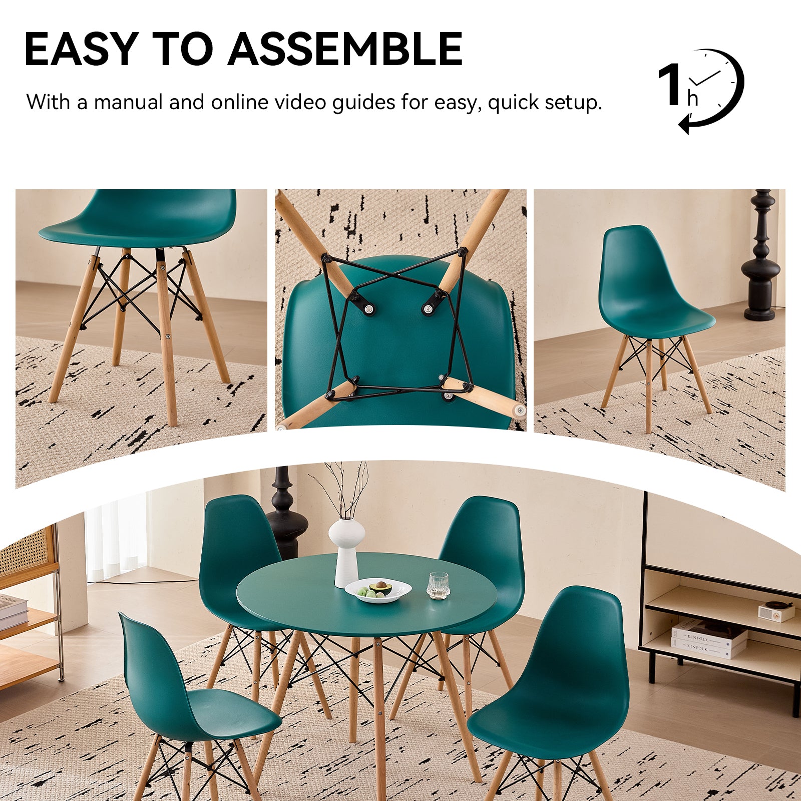 5 Piece 35.5'' Round Dining Table Set for 4, Mid-Century Modern Table W/ 4 Chairs for Kitchen, Home, Living Room, Apartment, Wood Legs, Metal Frame, Plastic Seats, Green