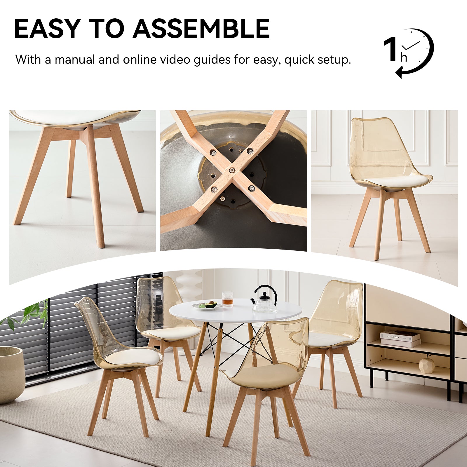 5 Piece Round Dining Table Set for 4, 35.5" Kitchen Table with 4 Clear Brown Acrylic Chairs for Restaurant Bedroom Living Room, Space Saving White Table Chair Set of 4