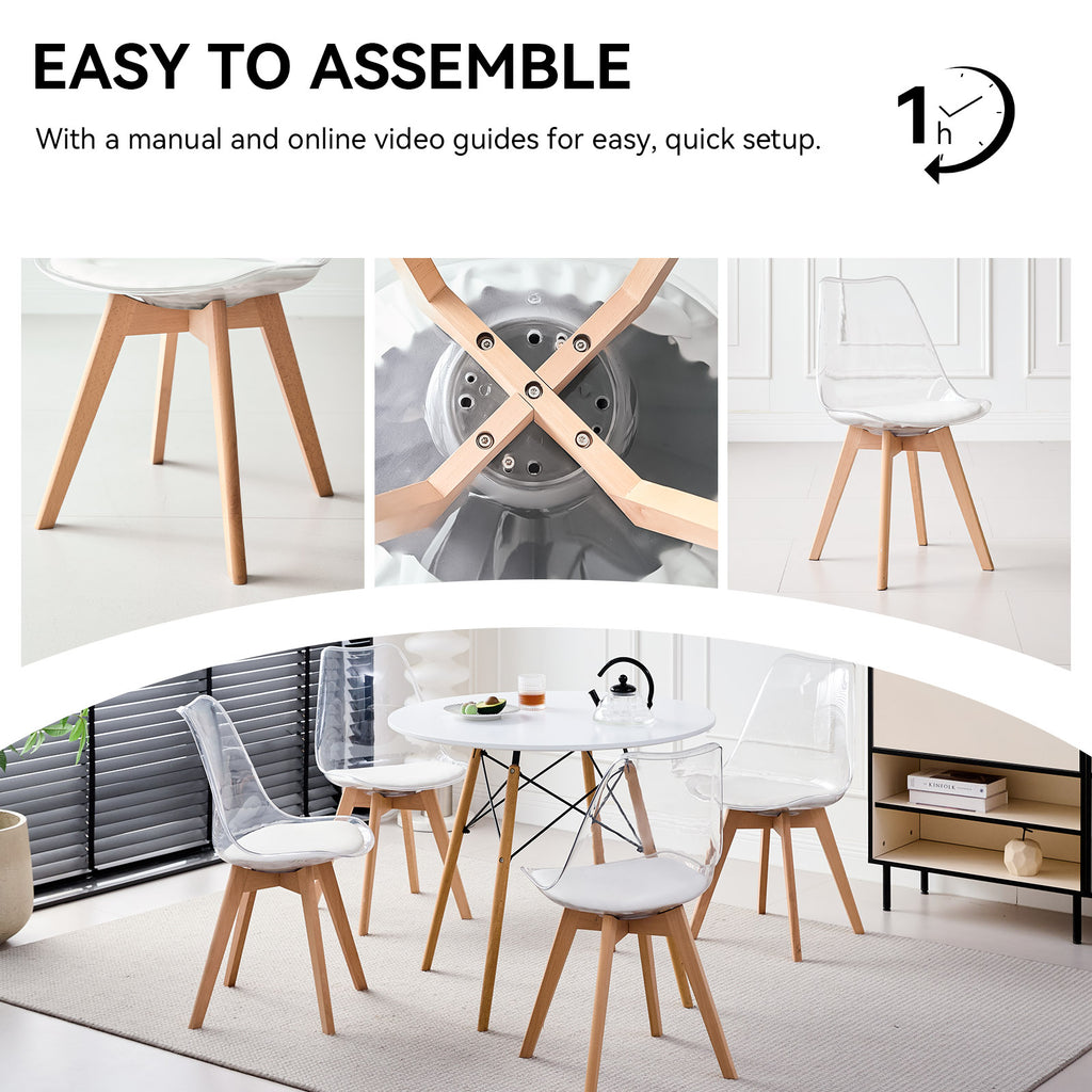 Small Round Dining Table Set for 4, 31.5" Kitchen Table & 4 Clear Acrylic Chairs for Restaurant Bedroom Living Room, Space Saving White Table Chair Set of 4