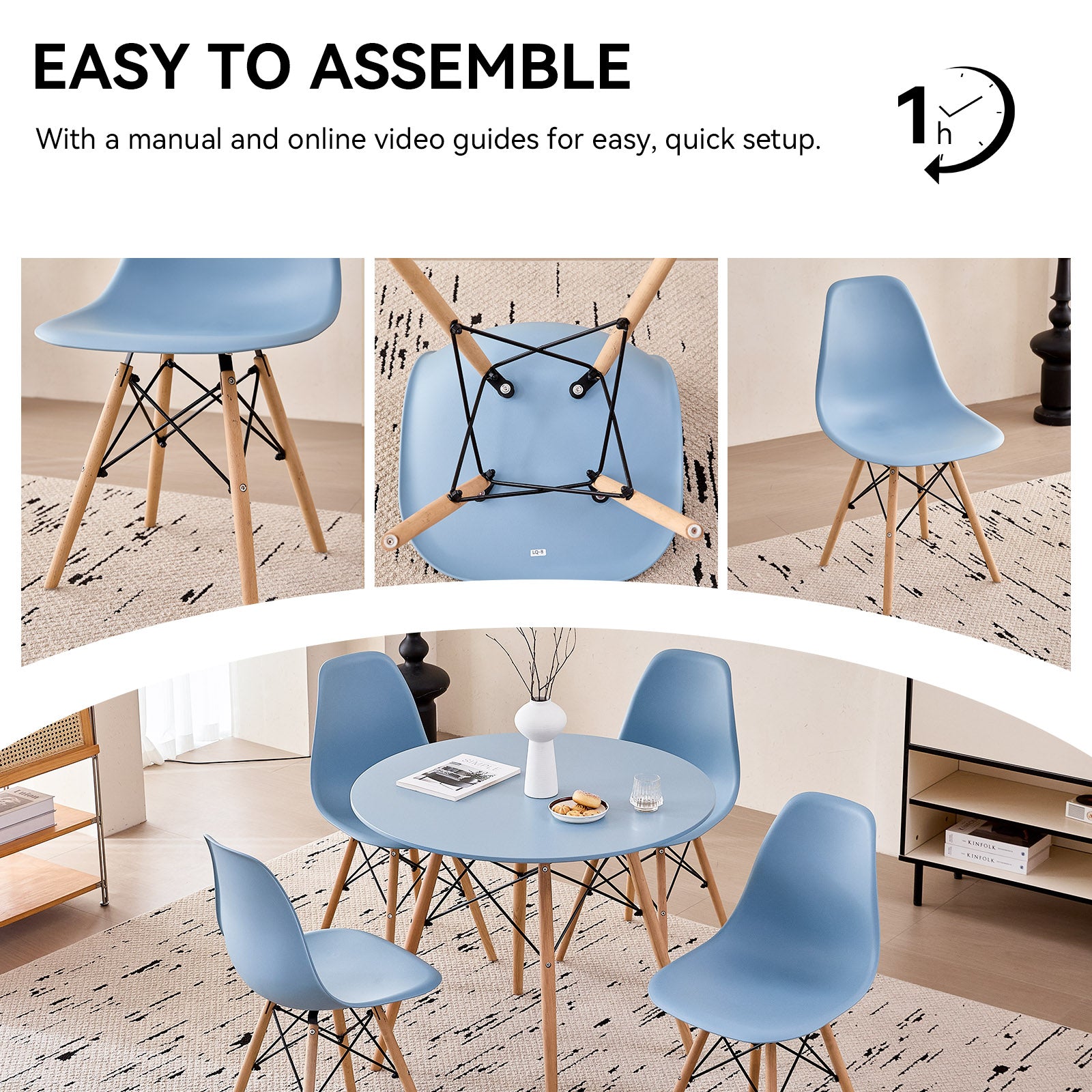 5 Piece 35.5'' Round Dining Table Set for 4, Kitchen Table & Chairs Set of 4, Mid-Century Modern Table W/ 4 Chairs for Home, Living Room, Apartment, Wood Legs, Metal Frame, Blue
