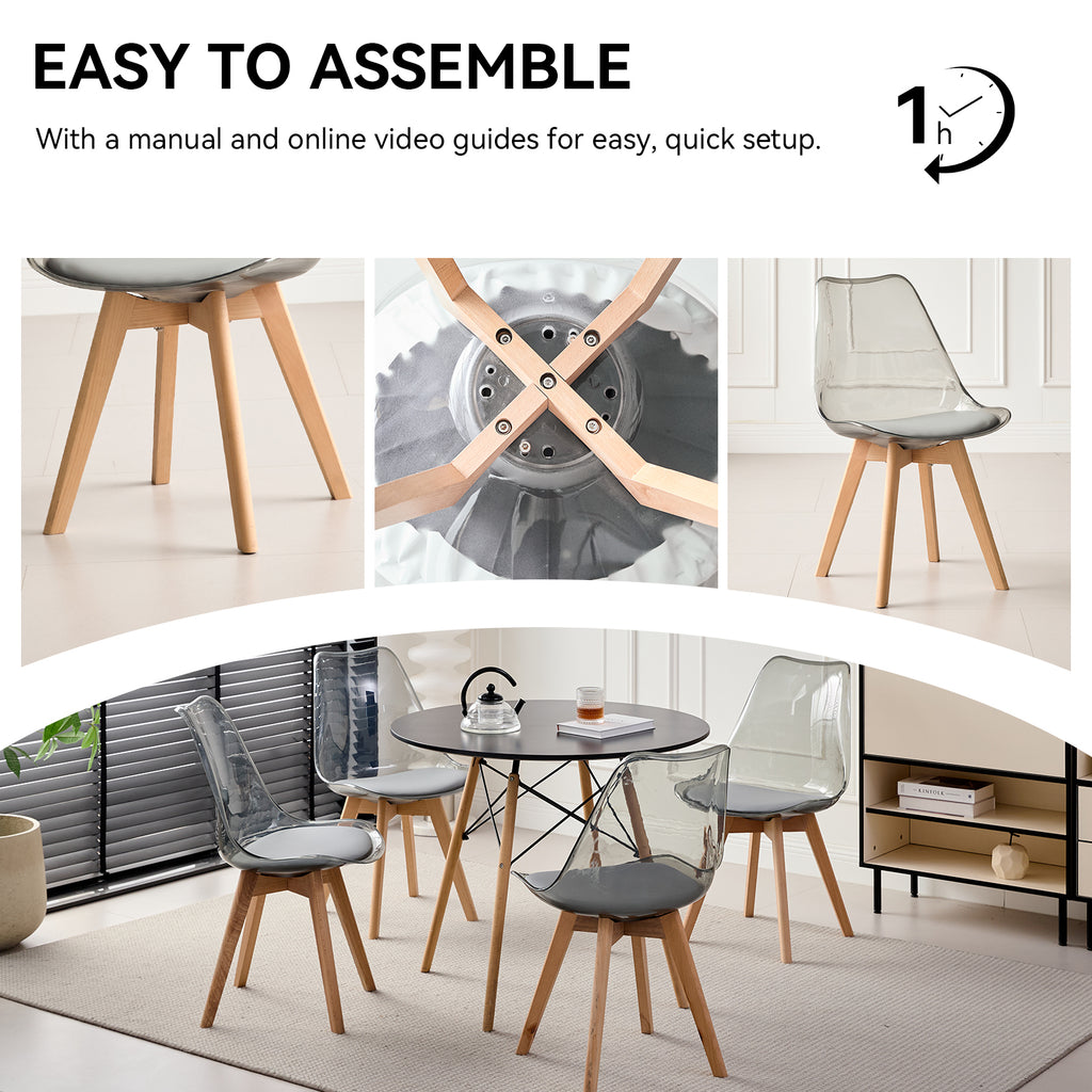 5 Piece Round Dining Table Set for 4, 35.5" Kitchen Table with 4 Clear Gray Acrylic Chairs for Restaurant Bedroom Living Room, Space Saving Black Table Chair Set of 4