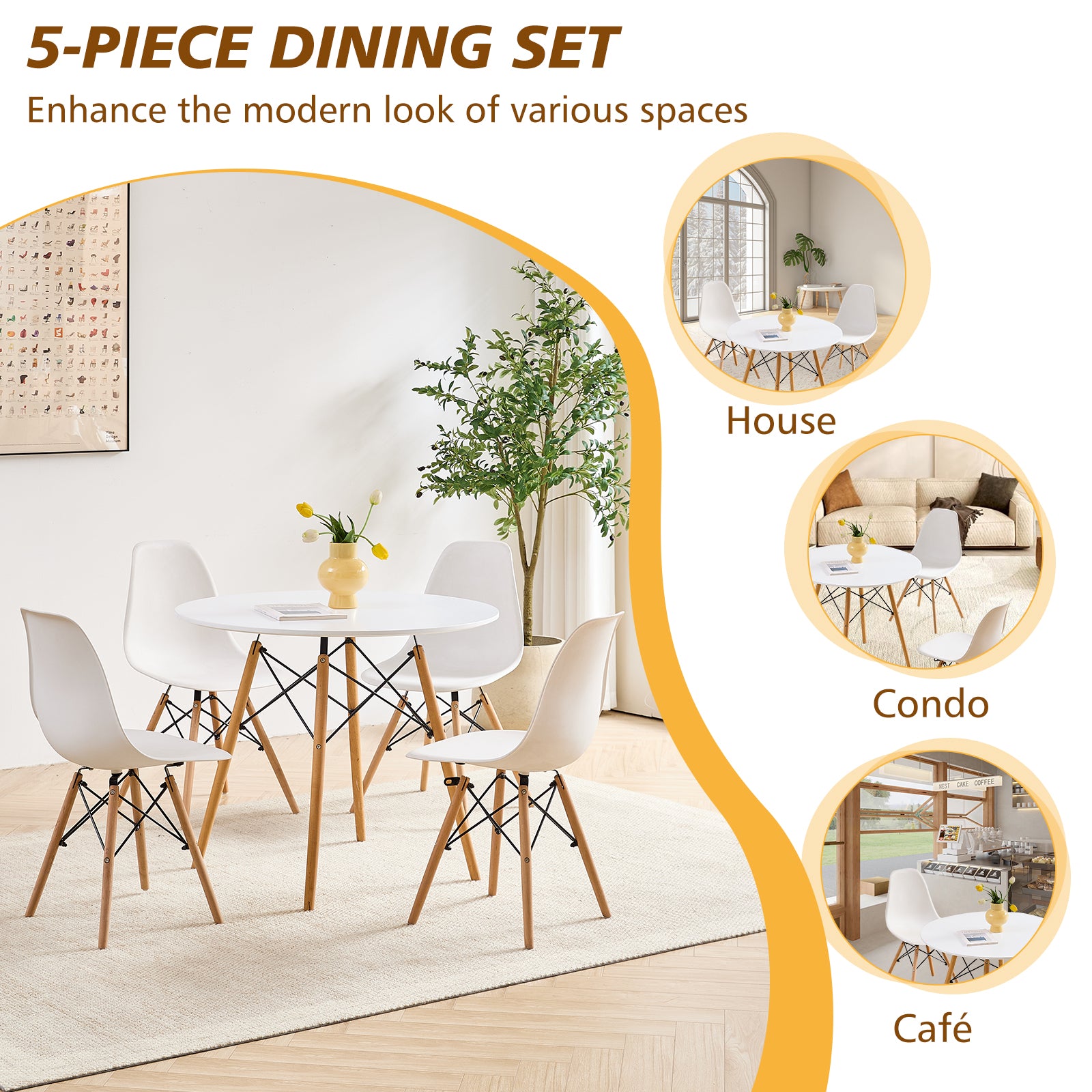 5 Piece Round Dining Table Set for 4, Mid-Century Modern Kitchen Table with 4 Chairs for Home, Apartment, Plastic Seats, Space Saving, Wood Legs