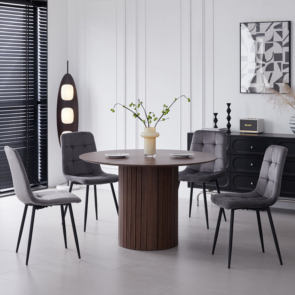 5 Piece Round Dining Table Set - Mid-Century 47 inch Brown Dining Table with 4 Gray Velvet Chairs Set, Dinner Table & Chair with Metal Legs for Kitchen Dining Room, Apartment, Bedroom