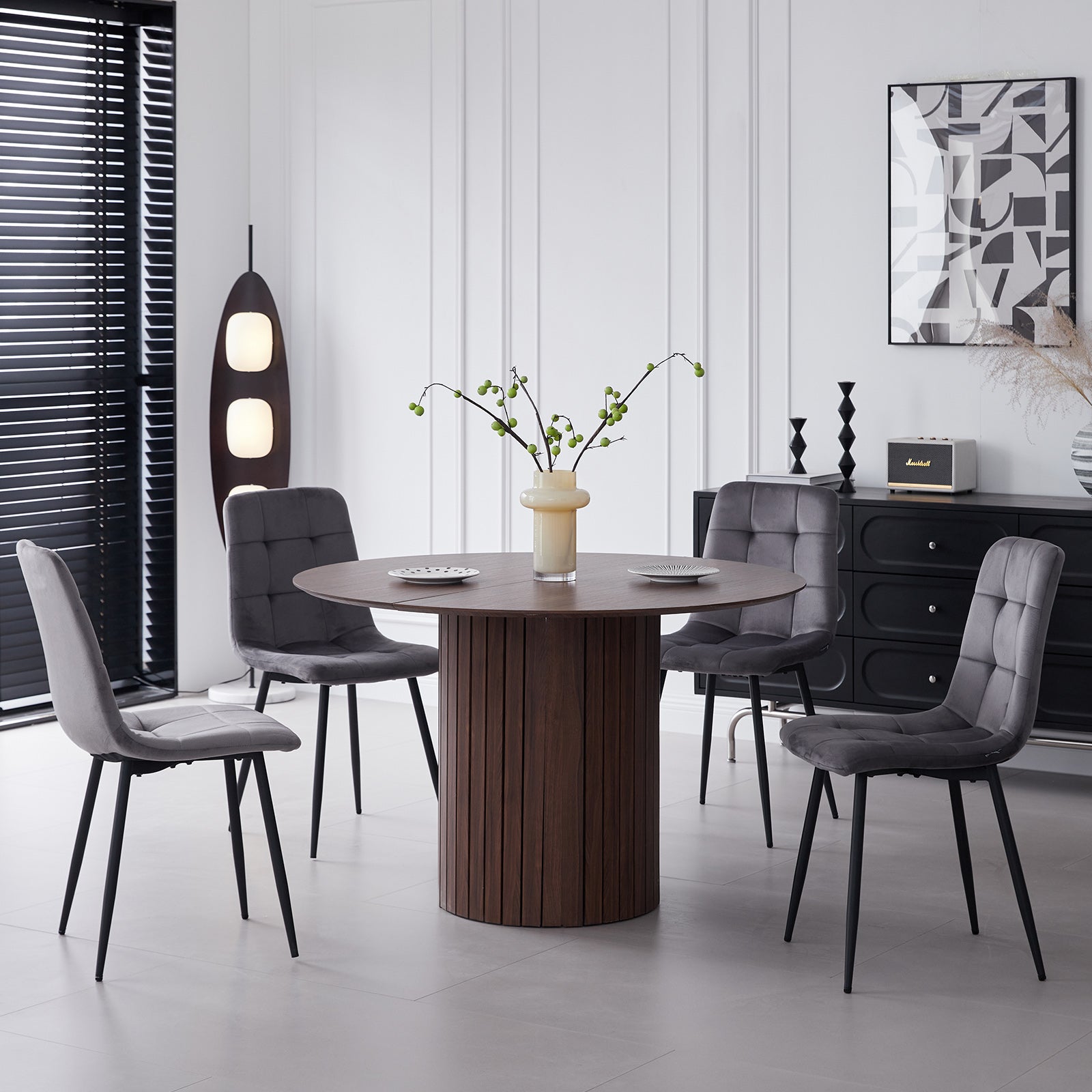 5 Piece Round Dining Table Set - Mid-Century 47 inch Brown Dining Table with 4 Gray Velvet Chairs Set, Dinner Table & Chair with Metal Legs for Kitchen Dining Room, Apartment, Bedroom