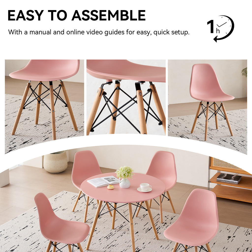 5-Piece 35.5'' Round Dining Table Set for 4, Kitchen Table Chair Set of 4, Mid-Century Modern Dinette Dining Room Table Set Dinner Table for 4 W/Solid Wood Legs, Pink