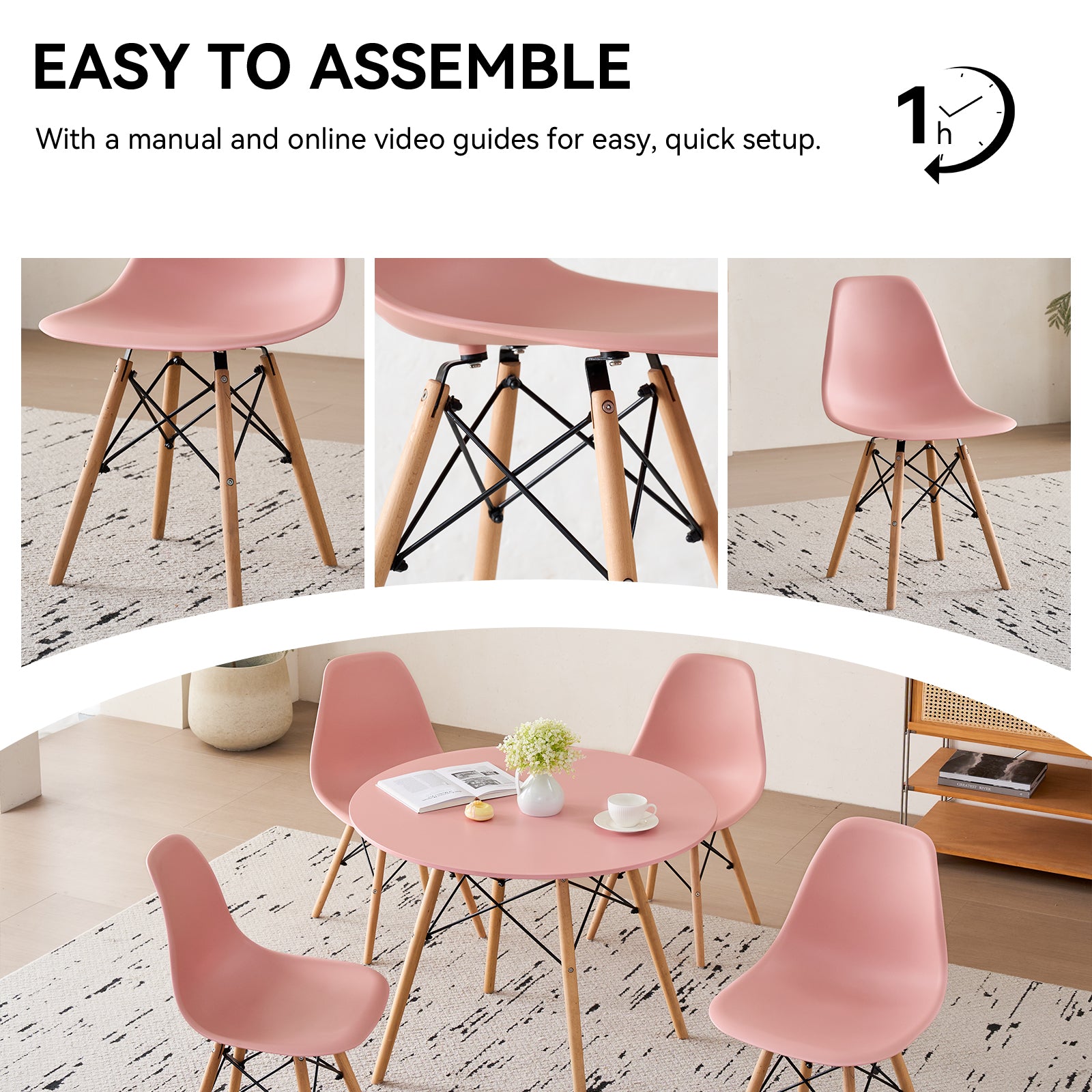 5-Piece 35.5'' Round Dining Table Set for 4, Kitchen Table Chair Set of 4, Mid-Century Modern Dinette Dining Room Table Set Dinner Table for 4 W/Solid Wood Legs, Pink