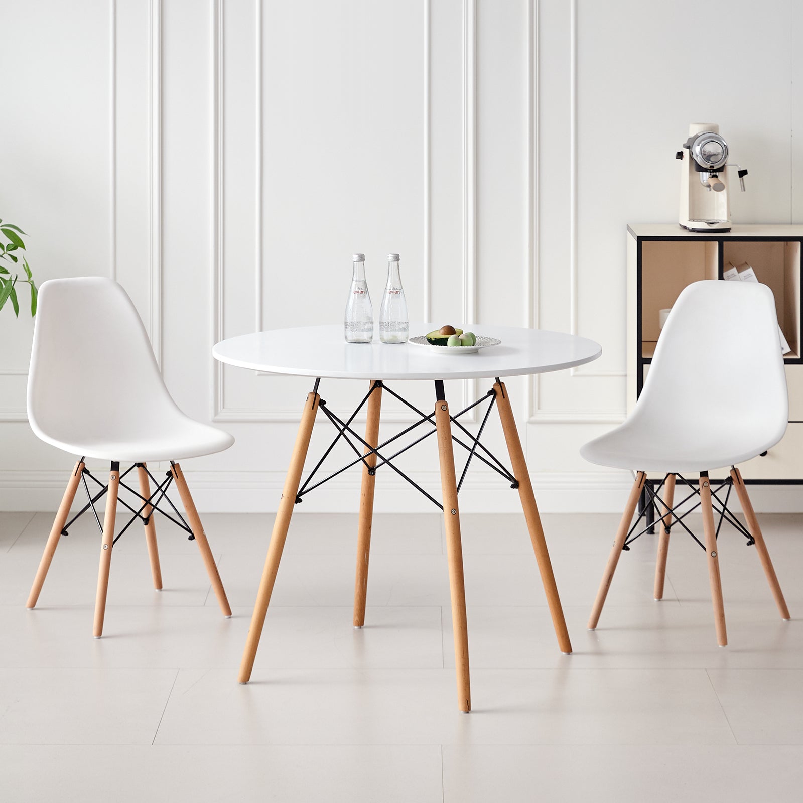 5 Piece Round Dining Table Set for 4, Mid-Century Modern Kitchen Table with 4 Chairs for Home, Apartment, Plastic Seats, Space Saving, Wood Legs