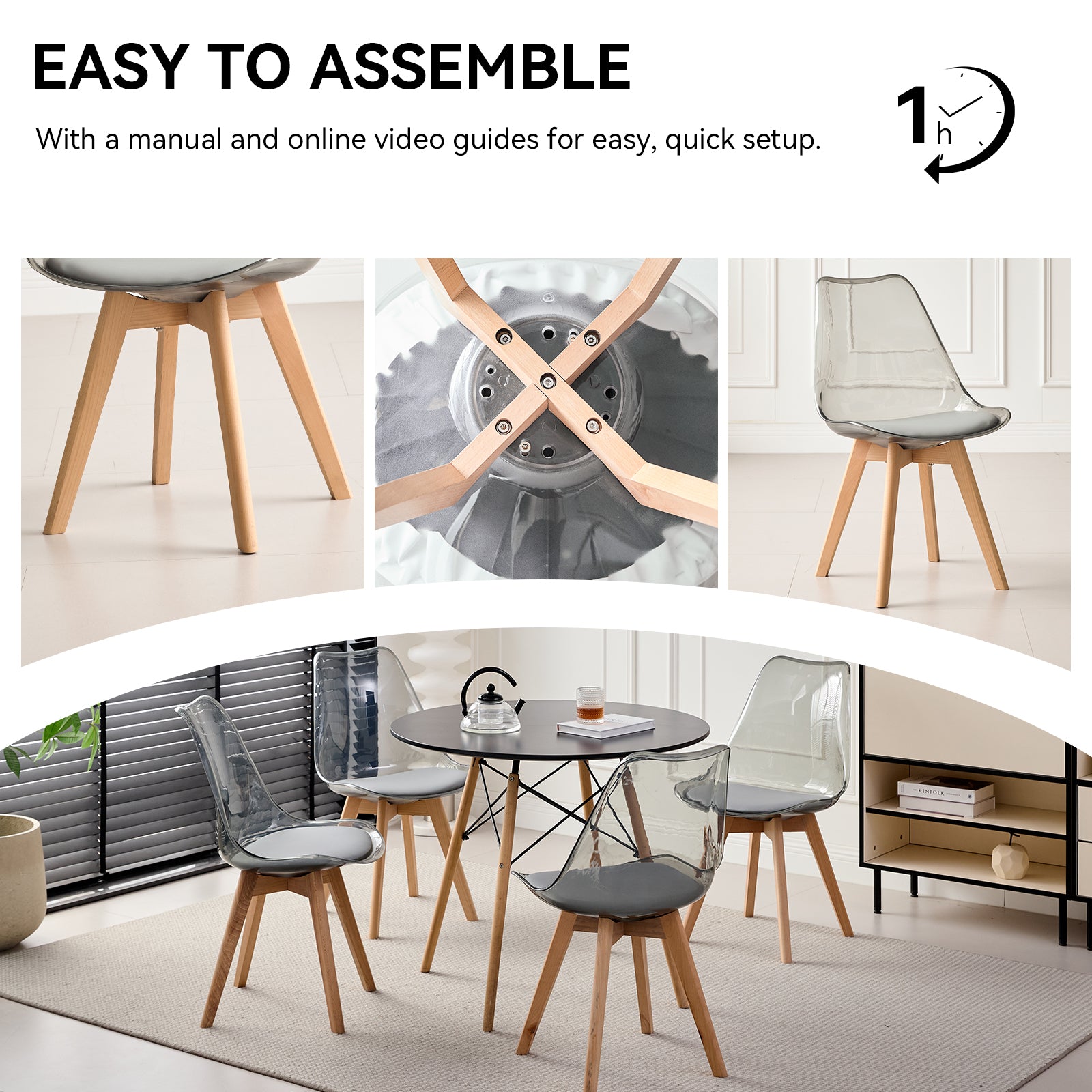 5 Piece Round Dining Table Set for 4, 31.5" Kitchen Table with 4 Clear Gray Acrylic Chairs for Restaurant Bedroom Living Room, Space Saving Black Table Chair Set of 4