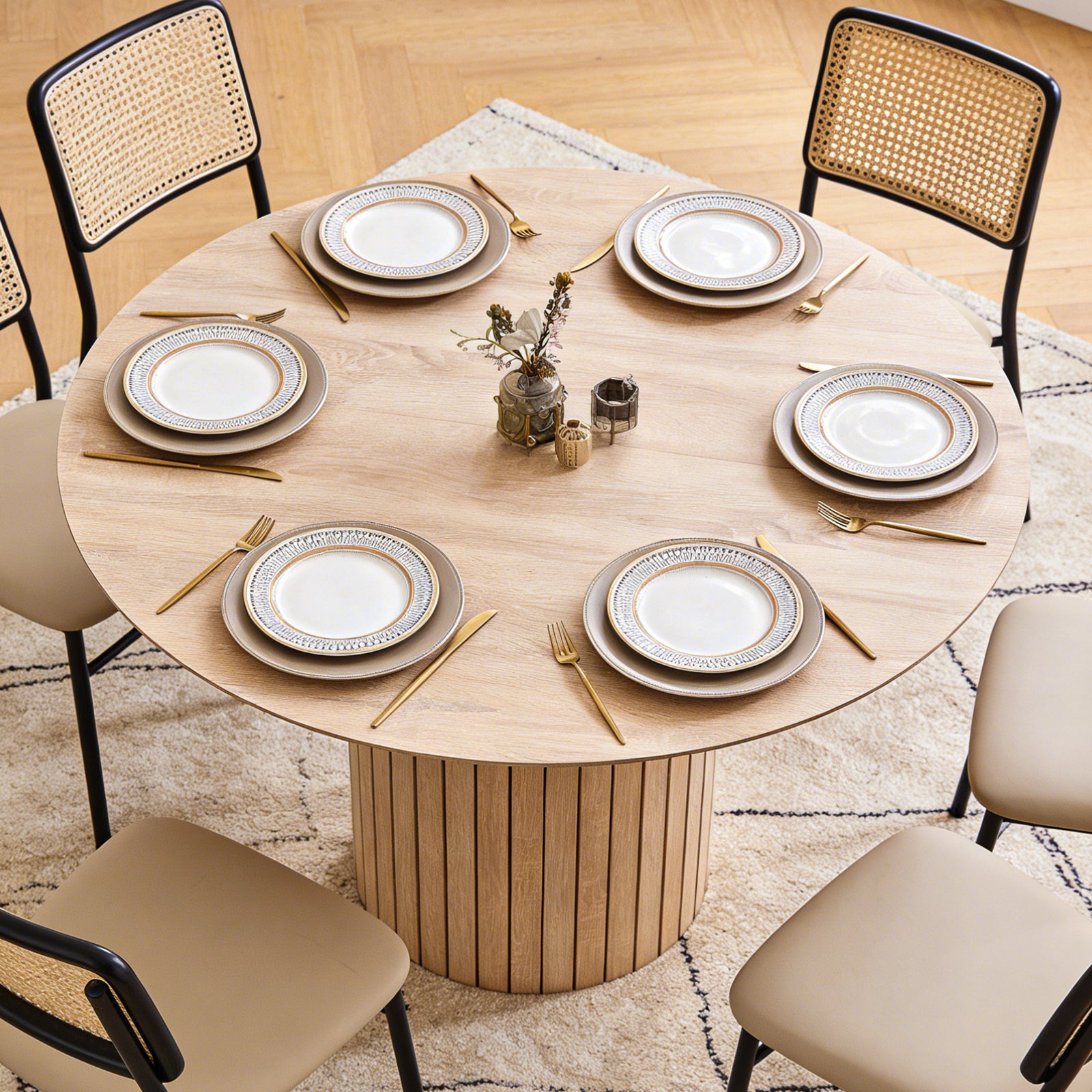 47 inches Modern Round Dining Table, Wood Kitchen Table for 4 with Two-part Tabletop and Wooden Strip Columns Base, Farmhouse Table for Kitchen, Dinning Room, Oak