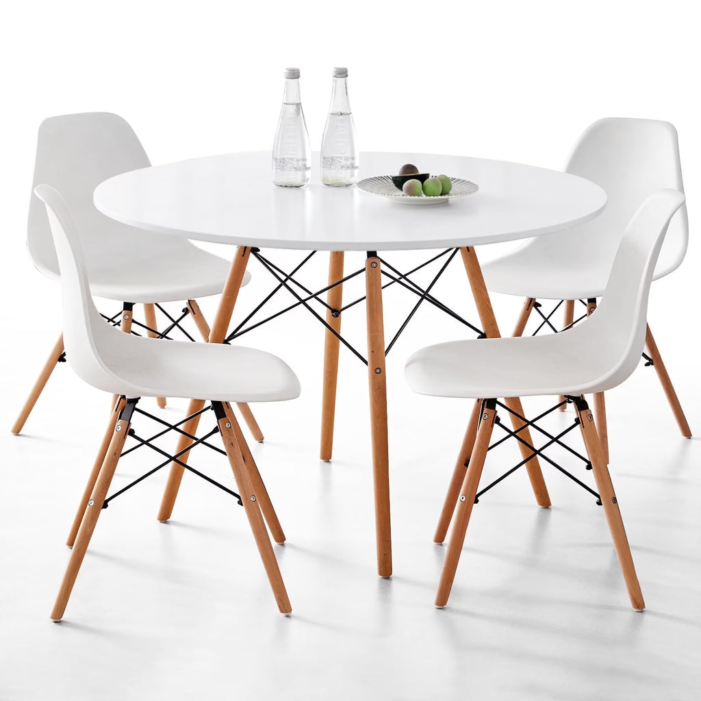 5-Piece 35.5'' Round Dining Table Set for 4, Kitchen Table Chair Set of 4, Mid-Century Modern Dinette Dining Room Table Set Dinner Table for 4 W/Solid Wood Legs, White