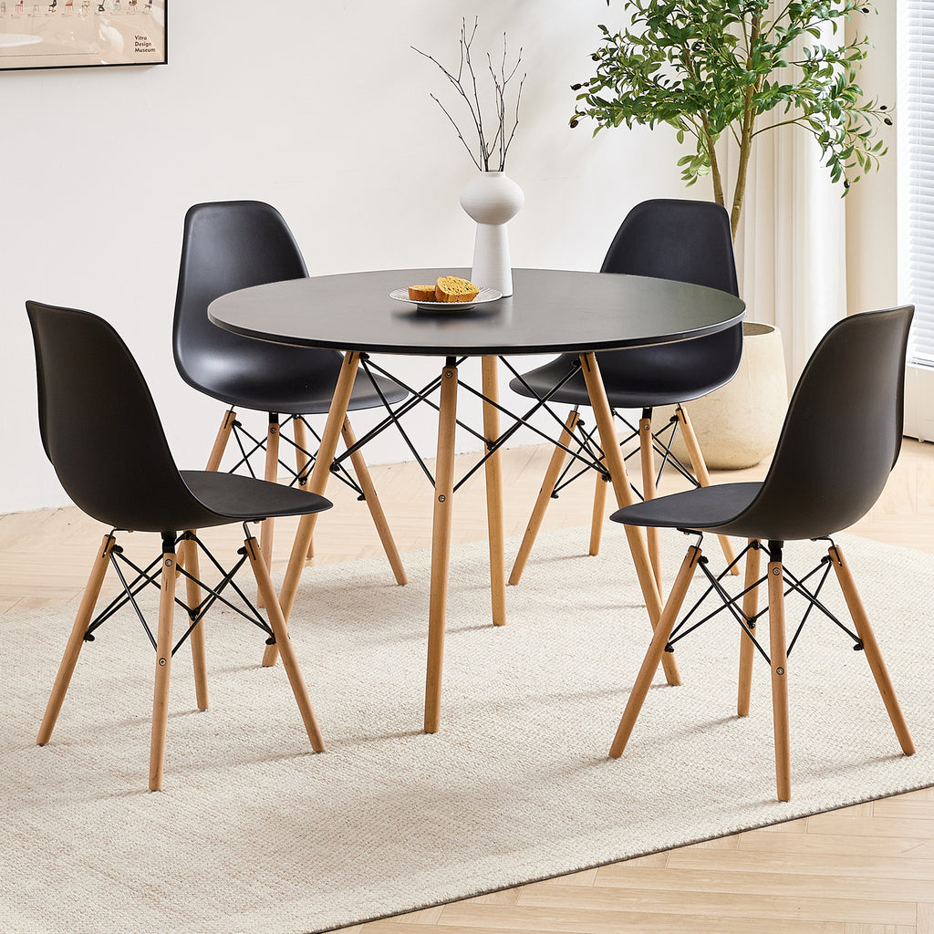 5 Piece 35.5'' Round Dining Table Set for 4, Kitchen Table & Chairs Set of 4, Mid-Century Modern Table W/ 4 Chairs for Home, Living Room, Apartment, Wood Legs, Metal Frame, Black