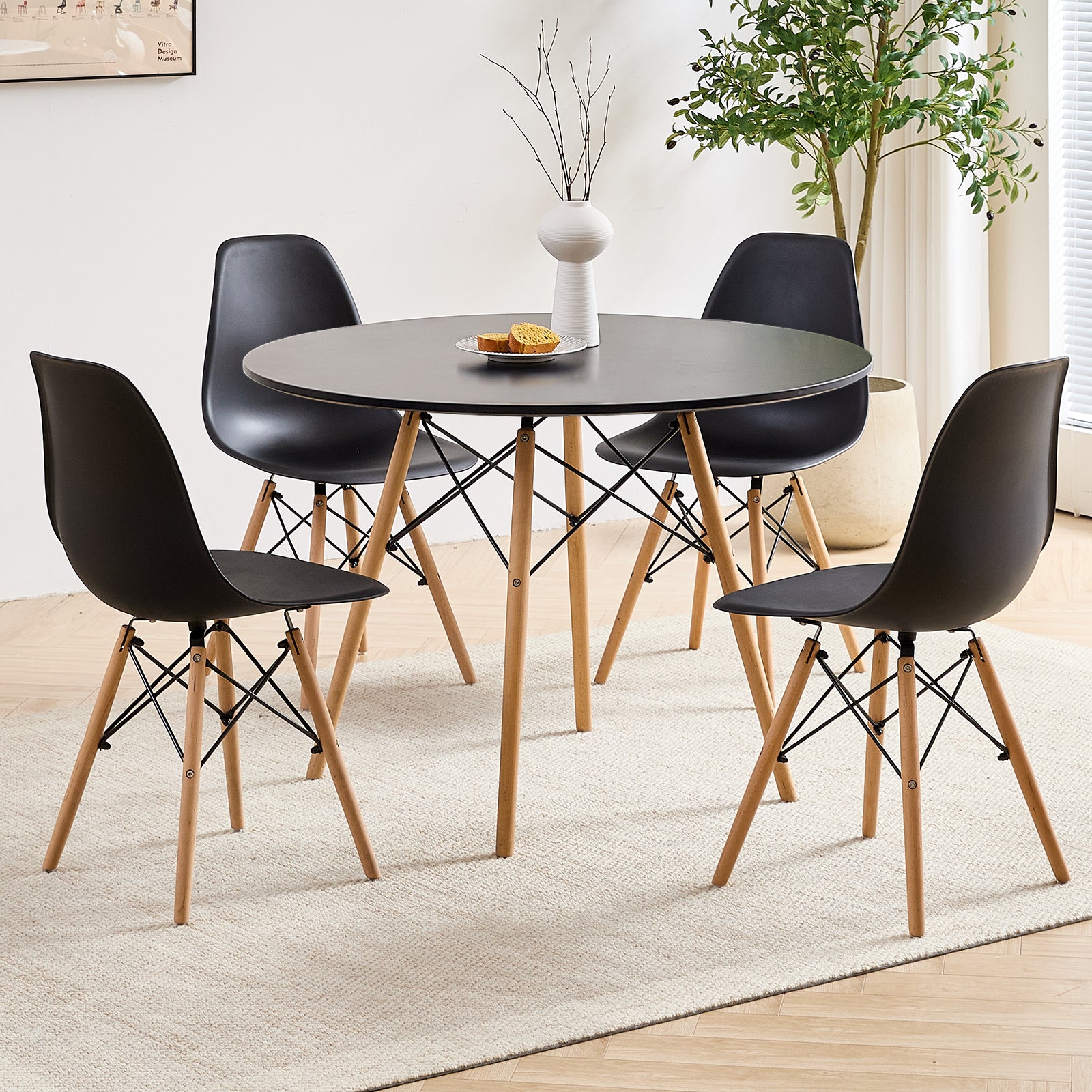 5 Piece 35.5'' Round Dining Table Set for 4, Kitchen Table & Chairs Set of 4, Mid-Century Modern Table W/ 4 Chairs for Home, Living Room, Apartment, Wood Legs, Metal Frame, Black