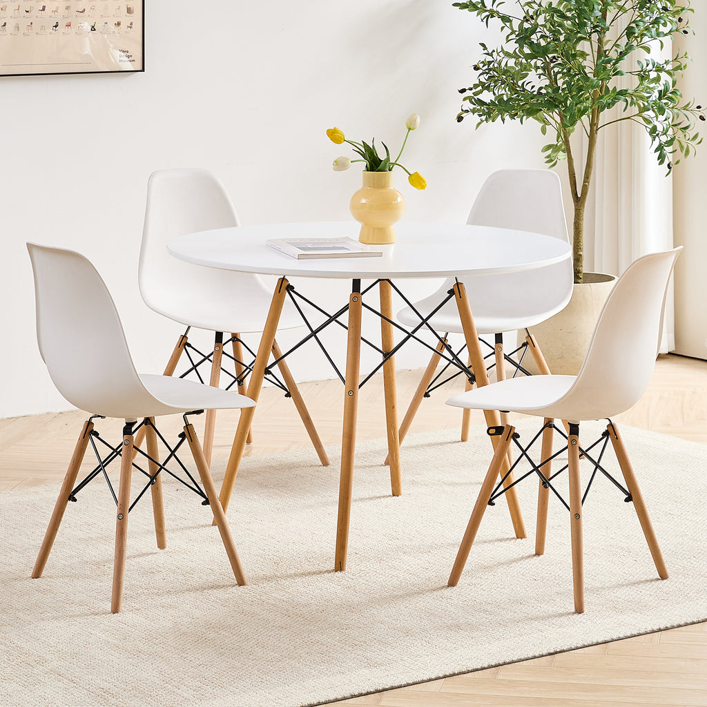 5-Piece 35.5'' Round Dining Table Set for 4, Kitchen Table Chair Set of 4, Mid-Century Modern Dinette Dining Room Table Set Dinner Table for 4 W/Solid Wood Legs, White