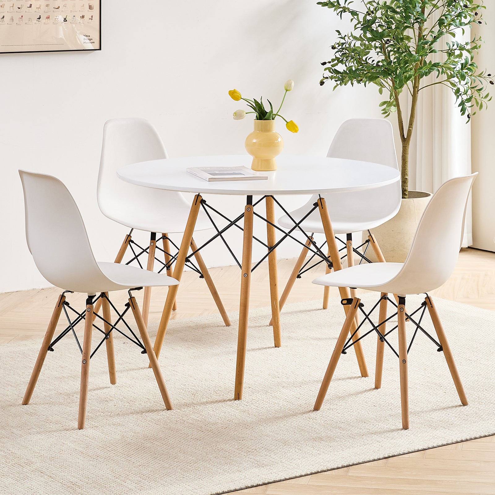 5-Piece 35.5'' Round Dining Table Set for 4, Kitchen Table Chair Set of 4, Mid-Century Modern Dinette Dining Room Table Set Dinner Table for 4 W/Solid Wood Legs, White
