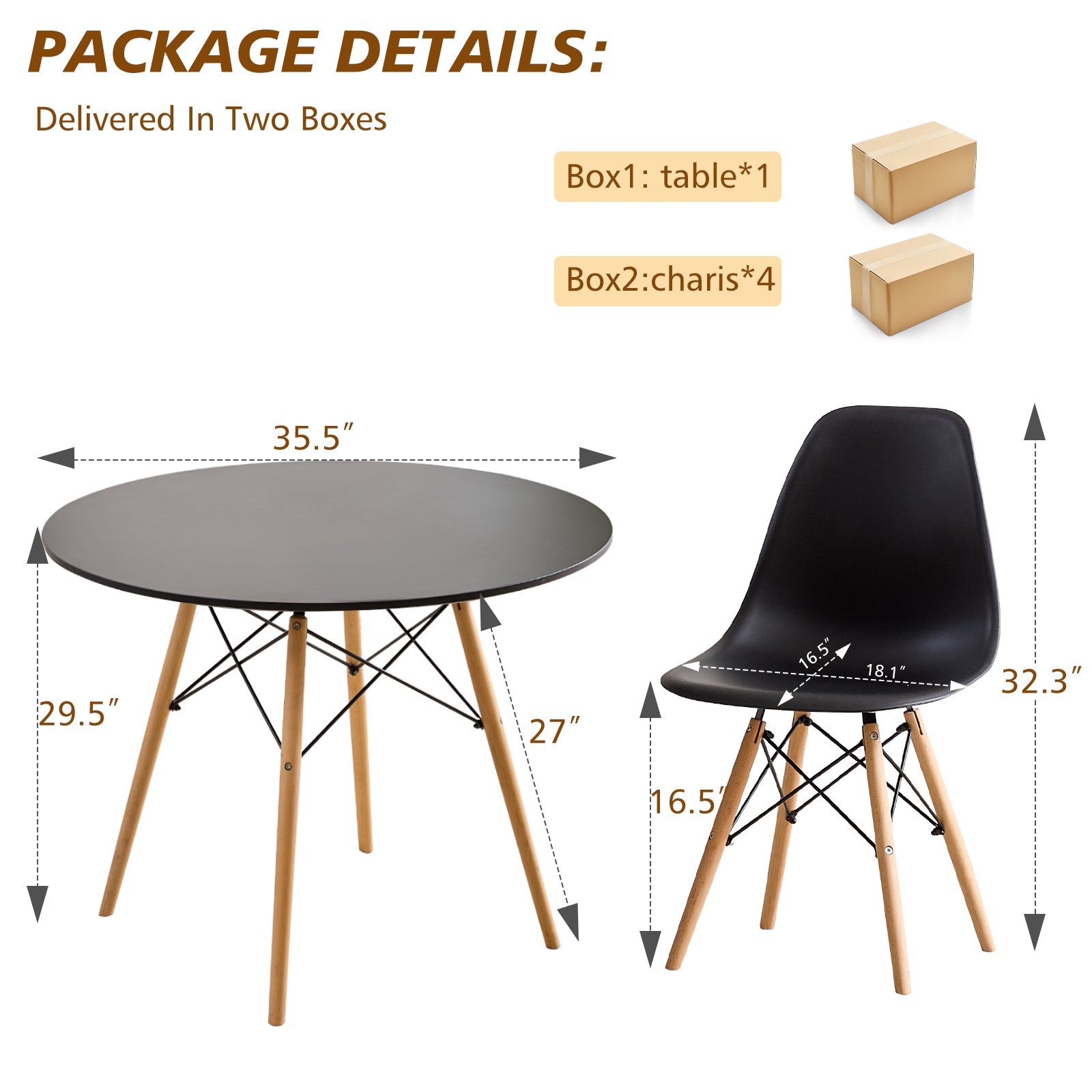 5 Piece 35.5'' Round Dining Table Set for 4, Kitchen Table & Chairs Set of 4, Mid-Century Modern Table W/ 4 Chairs for Home, Living Room, Apartment, Wood Legs, Metal Frame, Black