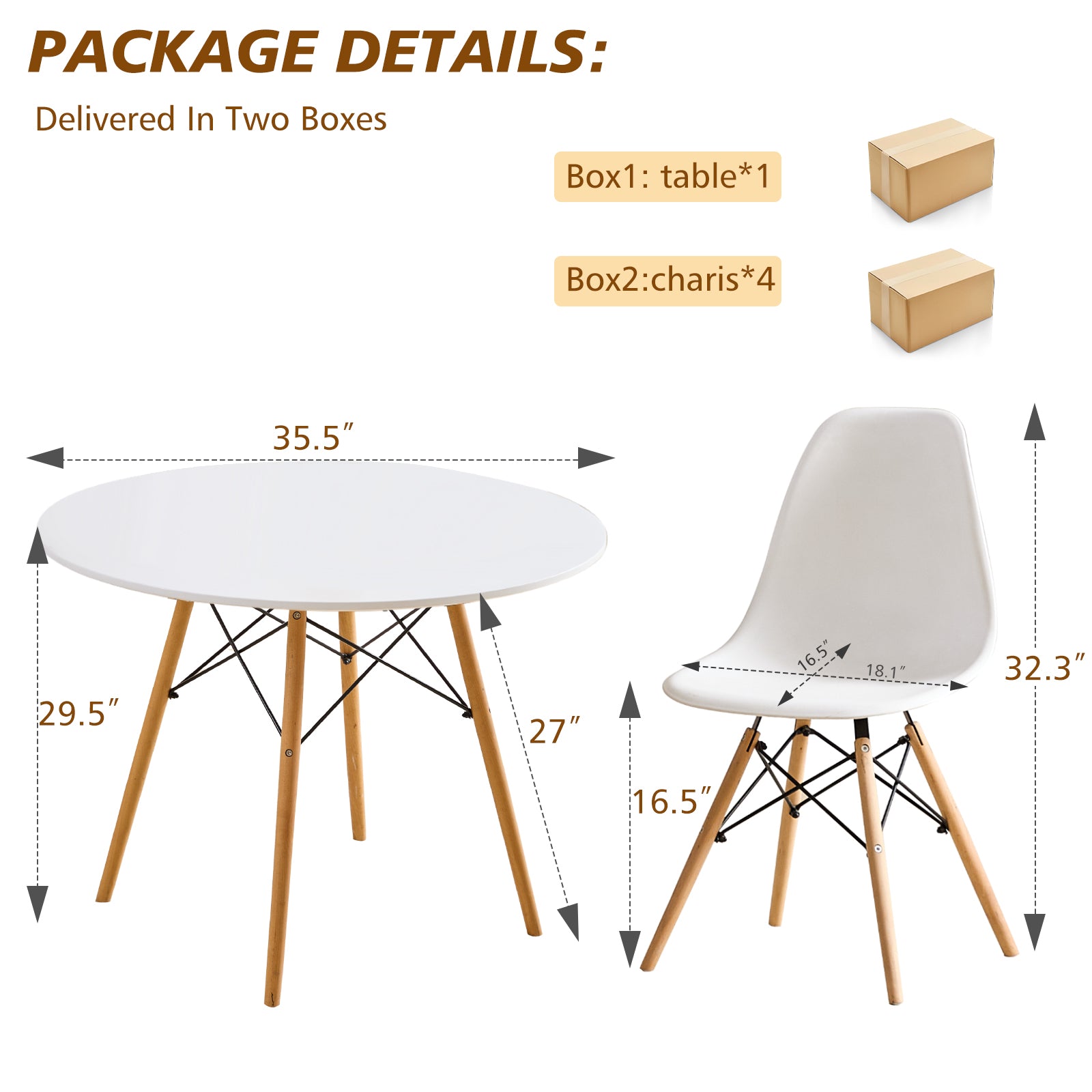 5-Piece 35.5'' Round Dining Table Set for 4, Kitchen Table Chair Set of 4, Mid-Century Modern Dinette Dining Room Table Set Dinner Table for 4 W/Solid Wood Legs, White